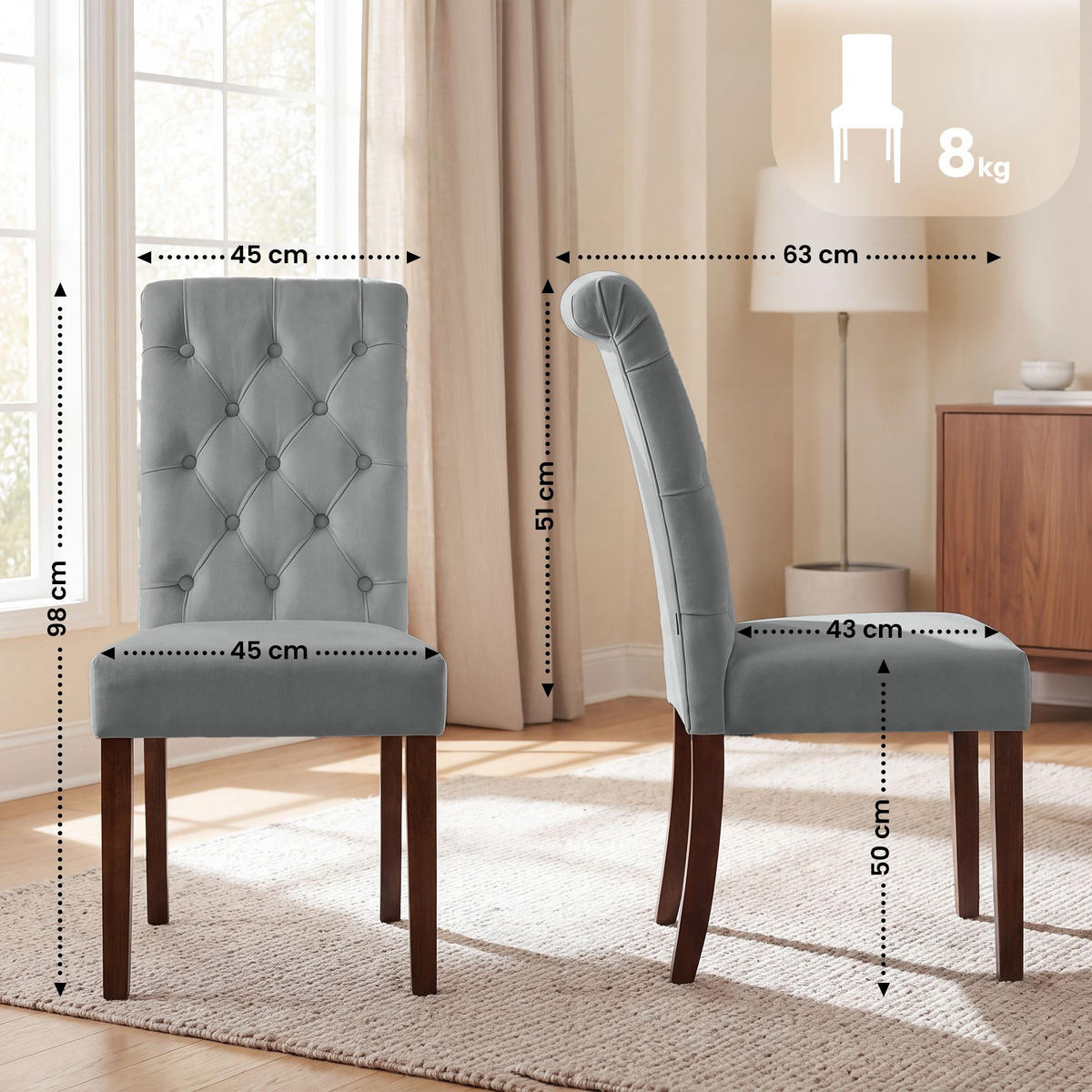 STUHL 2er Set Samt grau - Walnussfarben/Grau, Holz/Textil (45/98/63cm) - CLP