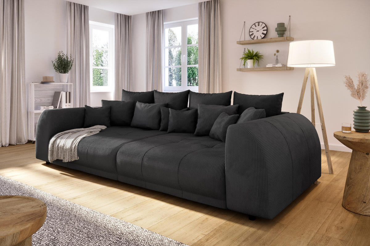 BIGSOFA Levana 5 Sitzer Schwarz Cord-Stoff - Schwarz, Holz/Kunststoff (310/86/135cm) - S-Style Möbel