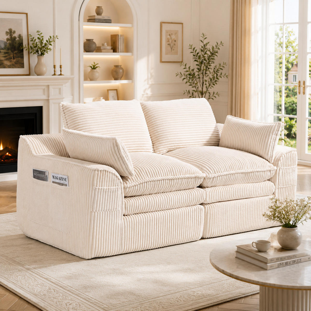 2-SITZER-SOFA DE-33774 Federkern mit Seitentaschen Beige - Beige, Metall (191/85/94cm) - ComfortXL