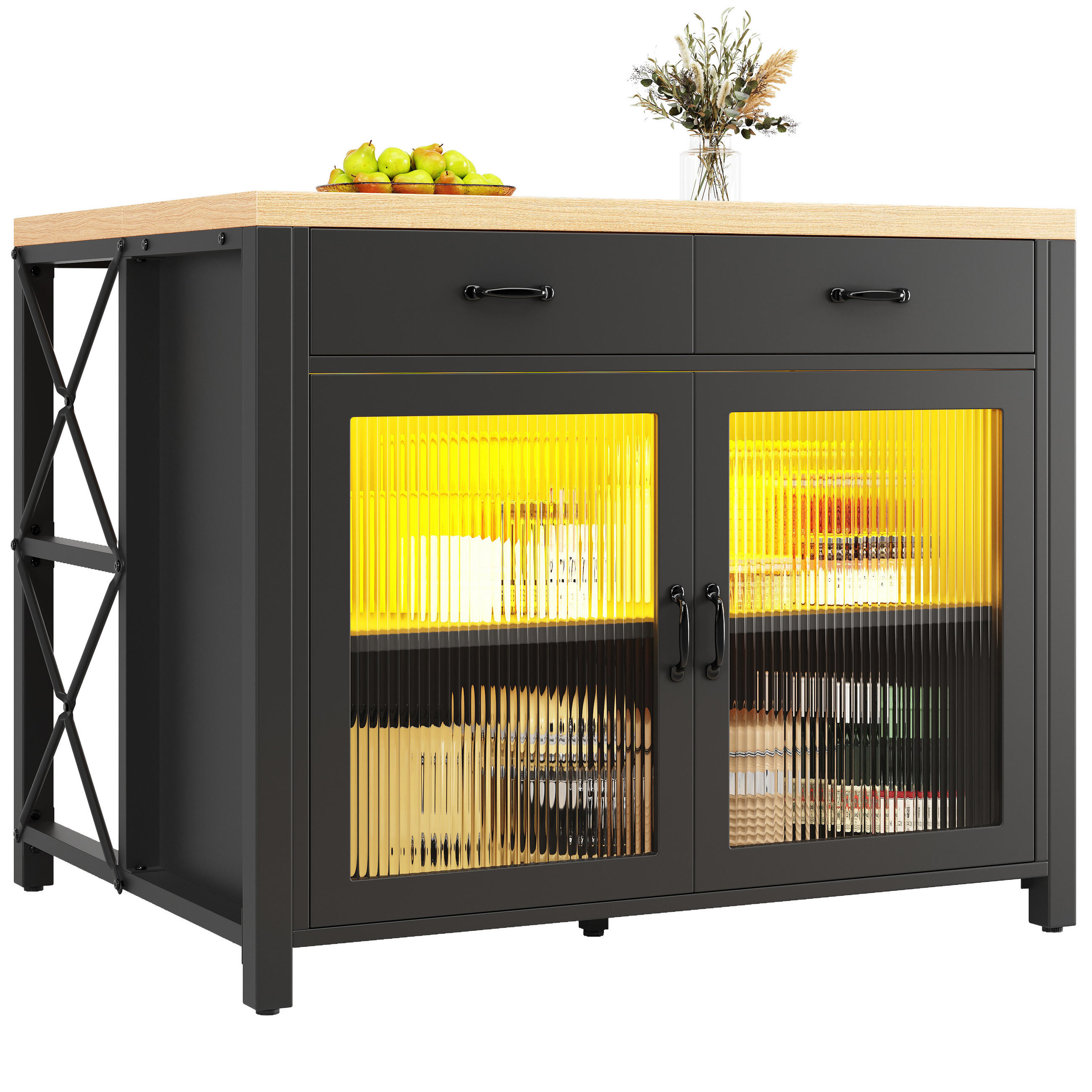KÜCHENINSEL DE-41179 100/80/90 cm mit LED-Lichtleiste und Glasfront Schwarz - Schwarz, Holzwerkstoff (100/90/80cm) - ComfortXL