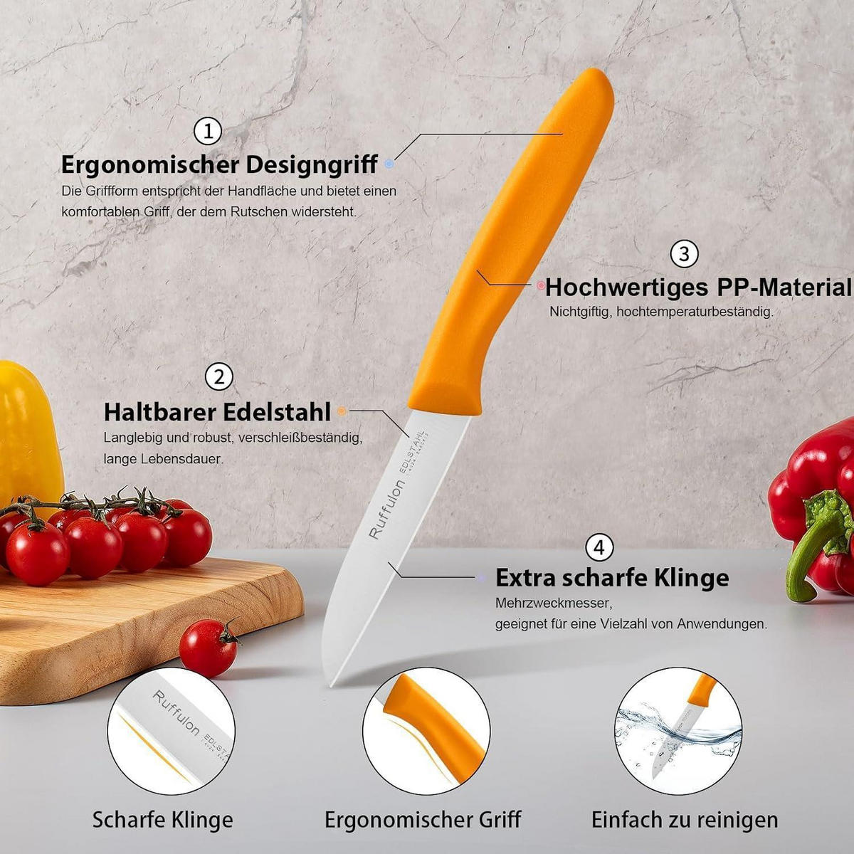 OBST- und Gemüsemesser 6-teiliges Set Rostfreier Stahl Orange - Goldfarben, Metall (19cm)