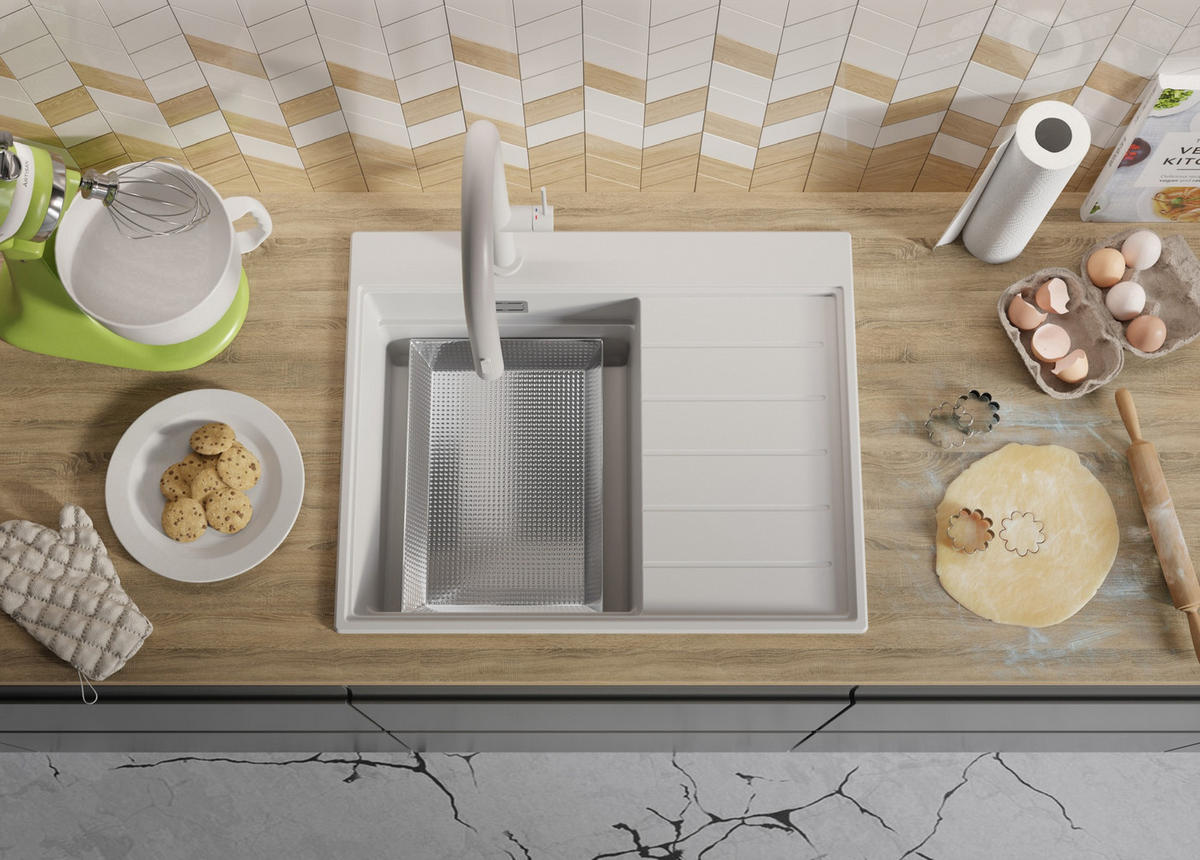 SPÜLBECKEN Sydney, 2-er set Weiß 62/50 cm 1 Becken + Ablauf-Set + Küchenzubehörset ab 40er Unterschrank - Chromfarben/Beige, Kunststoff (62/20/50cm) - Primagran