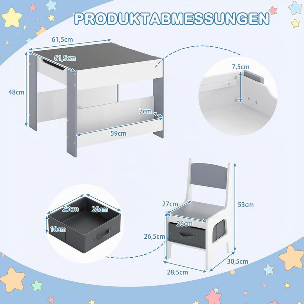 KINDERTISCH mit Stuhl grau(3-tlg) - Grau, Holzwerkstoff (61.5/48/61.5cm) - COSTWAY