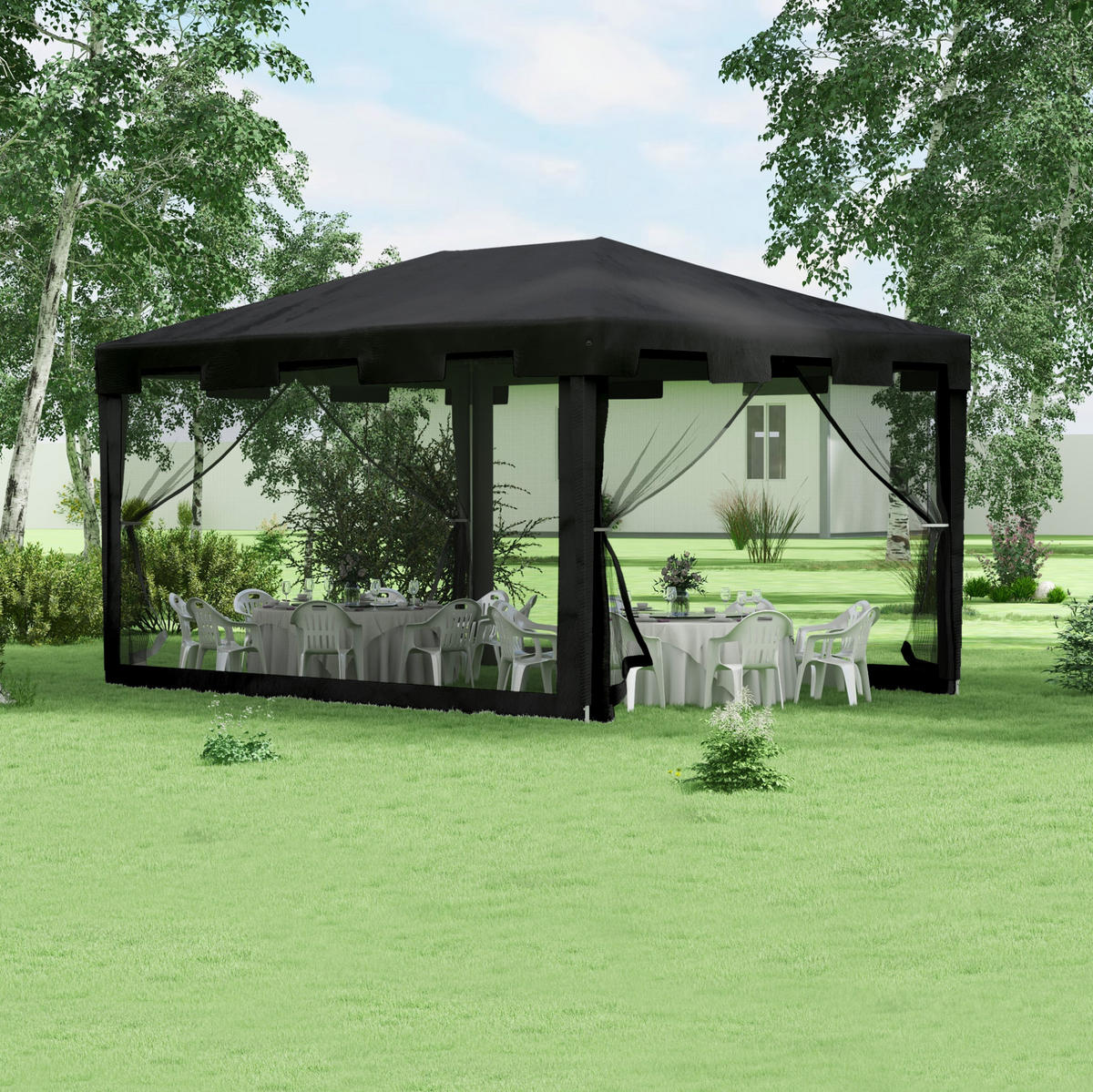 PAVILLONS aus Metall 395x295x255 cm in Dunkelgrau mit Moskitonetz-Seitenwänden - Dunkelgrau, Metall (295/255/395cm) - Modfu