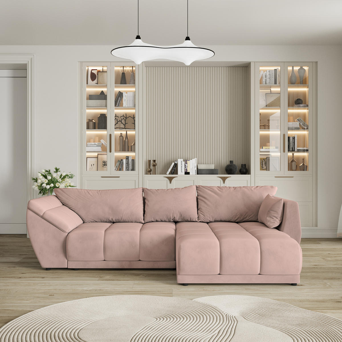 ECKSOFA ORENTI R-S Rosa Velours-Stoff mit Schlaffunktion - Rosa, Holz (287/182cm) - MASSENO