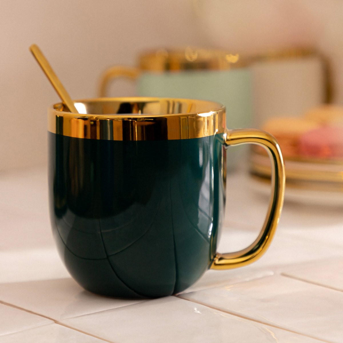 BECHER Sinnes Smaragd mit Löffel 0,28 l 6er-Set - Smaragdgrün, Keramik (0.28L) - Homla