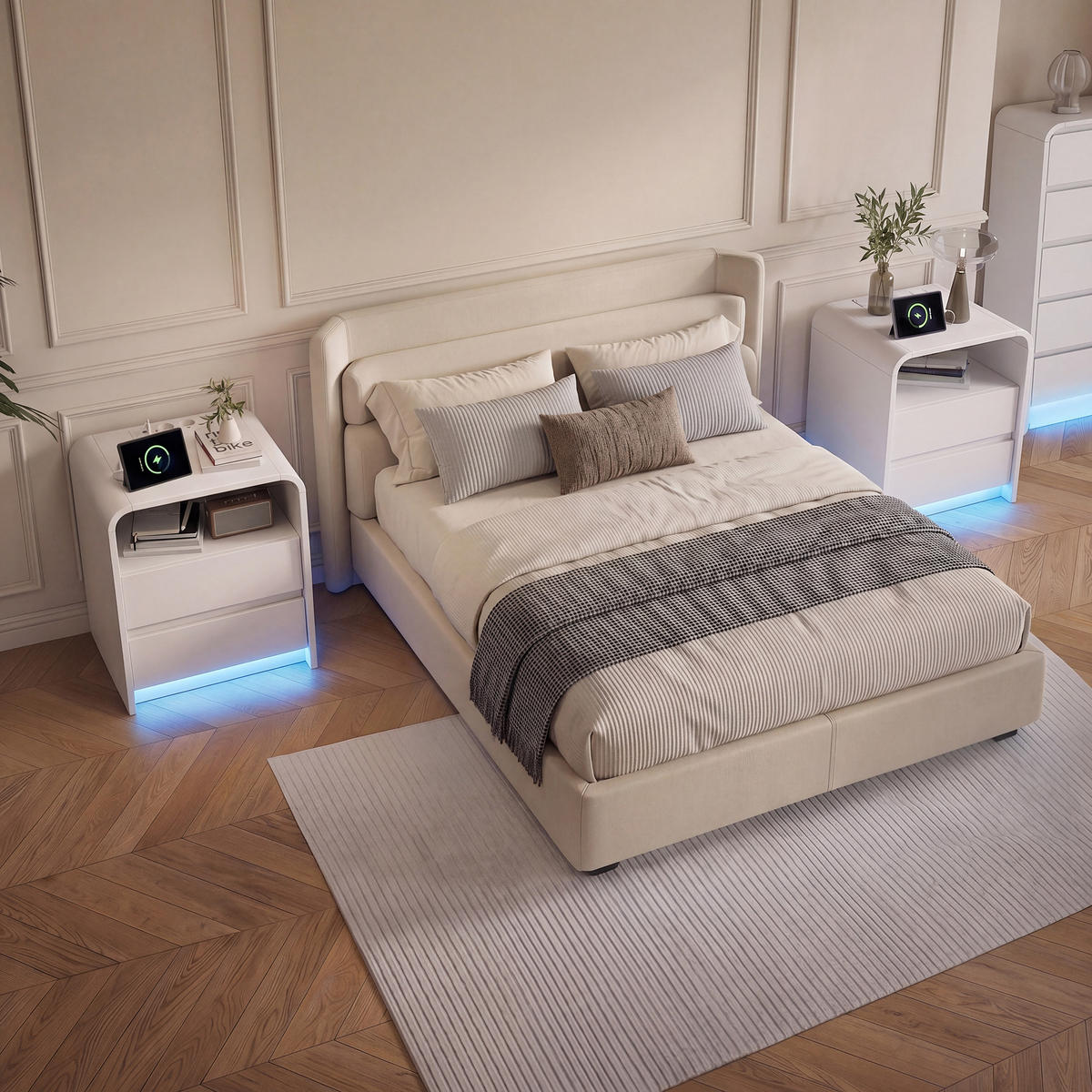 NATTDUKSBORD 2-pack, Vit, RGB LED, USB-laddningsfunktion med lådor, Modern - Vit, Träbaserade material (40/57/45cm) - SHOPENTRA