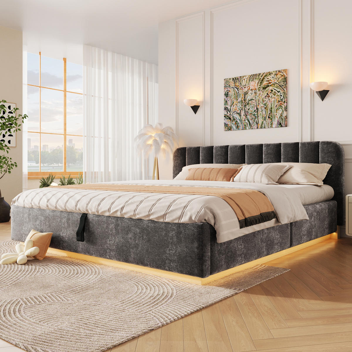ČALOUNĚNÁ POSTEL 180x200cm Úložná LED Žinylka Antracit - šedá, kompozitní dřevo (180/200cm) - FLIEKS