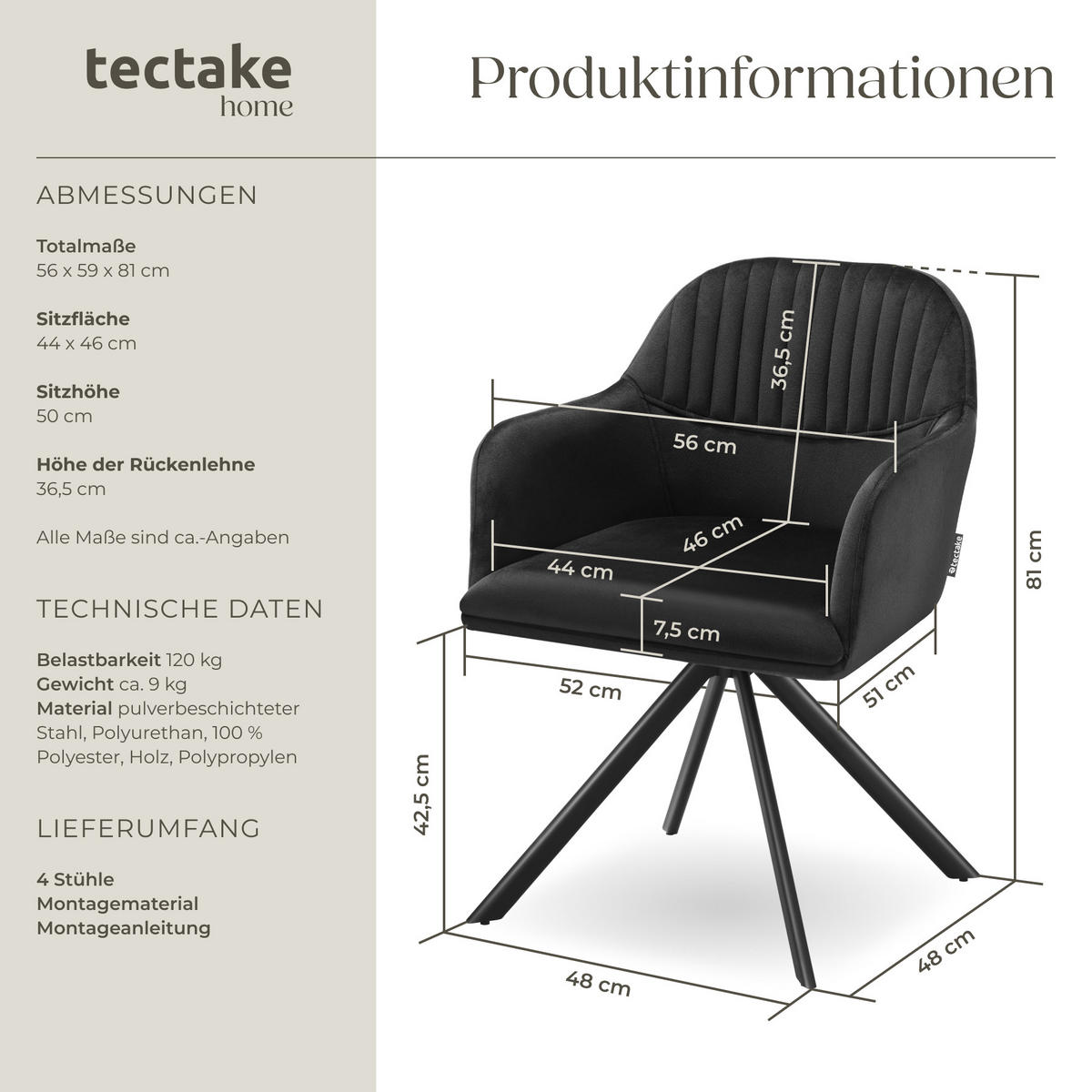 DREHSTUHL 4er Set Lona 56 x 59 x 81 cm schwarz/schwarz - Schwarz, Textil (56/81/59cm) - tectake