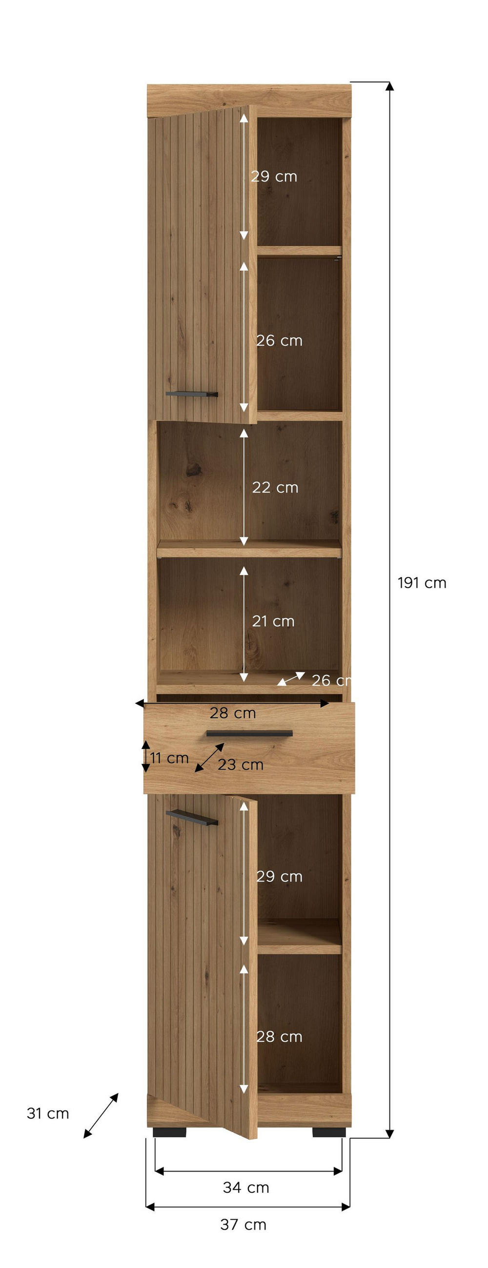 HOCHSCHRANK Vento (B/H/T: ca. 37/191/31 cm) in Artisan Eiche Nachbildung/Artisan Eiche Nachbildung - Eiche Artisan, Holz (37/191/31cm)