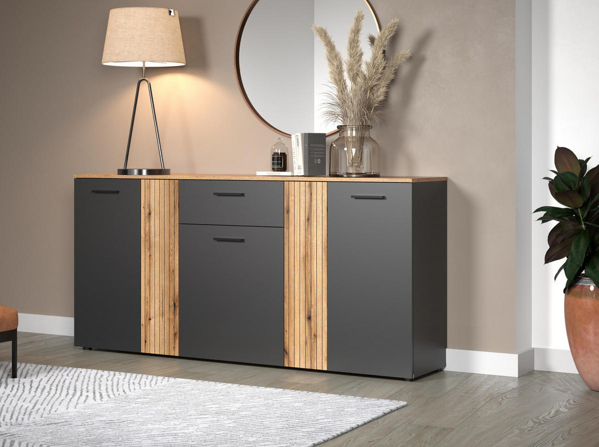 SIDEBOARD grau, Evoke Eiche 181 cm, Kommode mit viel Stauraum - Eichefarben/Anthrazit, Holzwerkstoff/Kunststoff (181/86/38cm) - Top.Furn