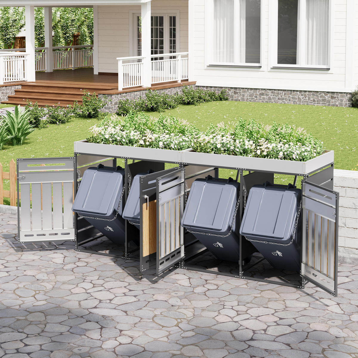 MÜLLTONNENBOX 4er Set Pflanzkasten Holzoptik Schloss - Schwarz, Metall (262/120/79cm) - LEBENLANG