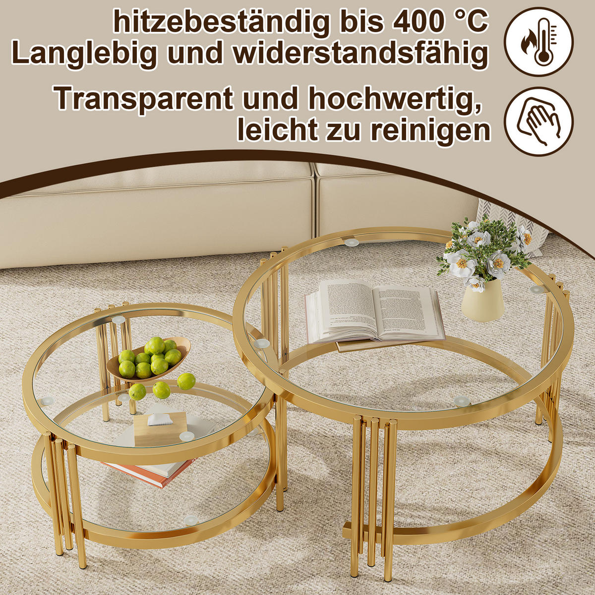 COUCHTISCH Glas/Metall – 80x80x45 cm & 60x60x35 cm, platzsparend, hitzebeständig - Goldfarben, Metall (80/80/45cm) - Modfu
