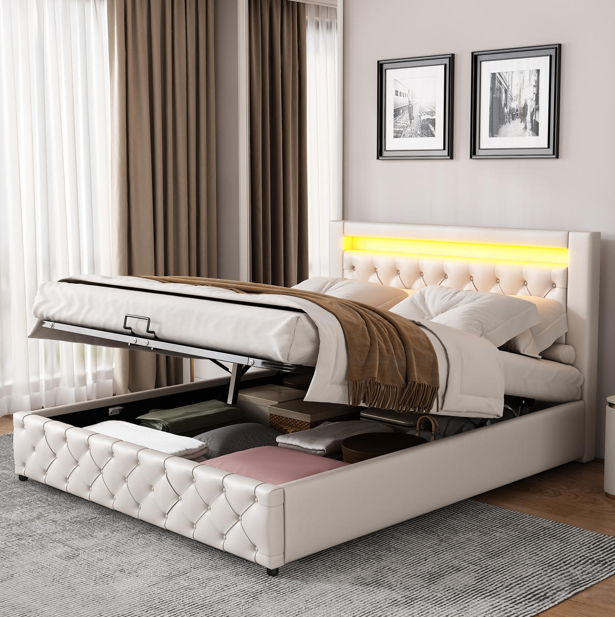POLSTERBETT mit Bettkasten und LED 140x200 cm PU Weiß - Weiß, Metall (140/200cm) - Meubliv