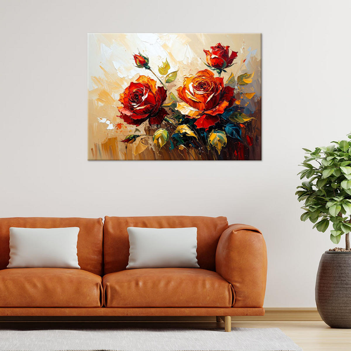 LEINWANDBILD Rote Rosen Blumen auf beigem Hintergrund Farbeffekt 60x40cm - Rot, Textil (60/40cm) - Feeby