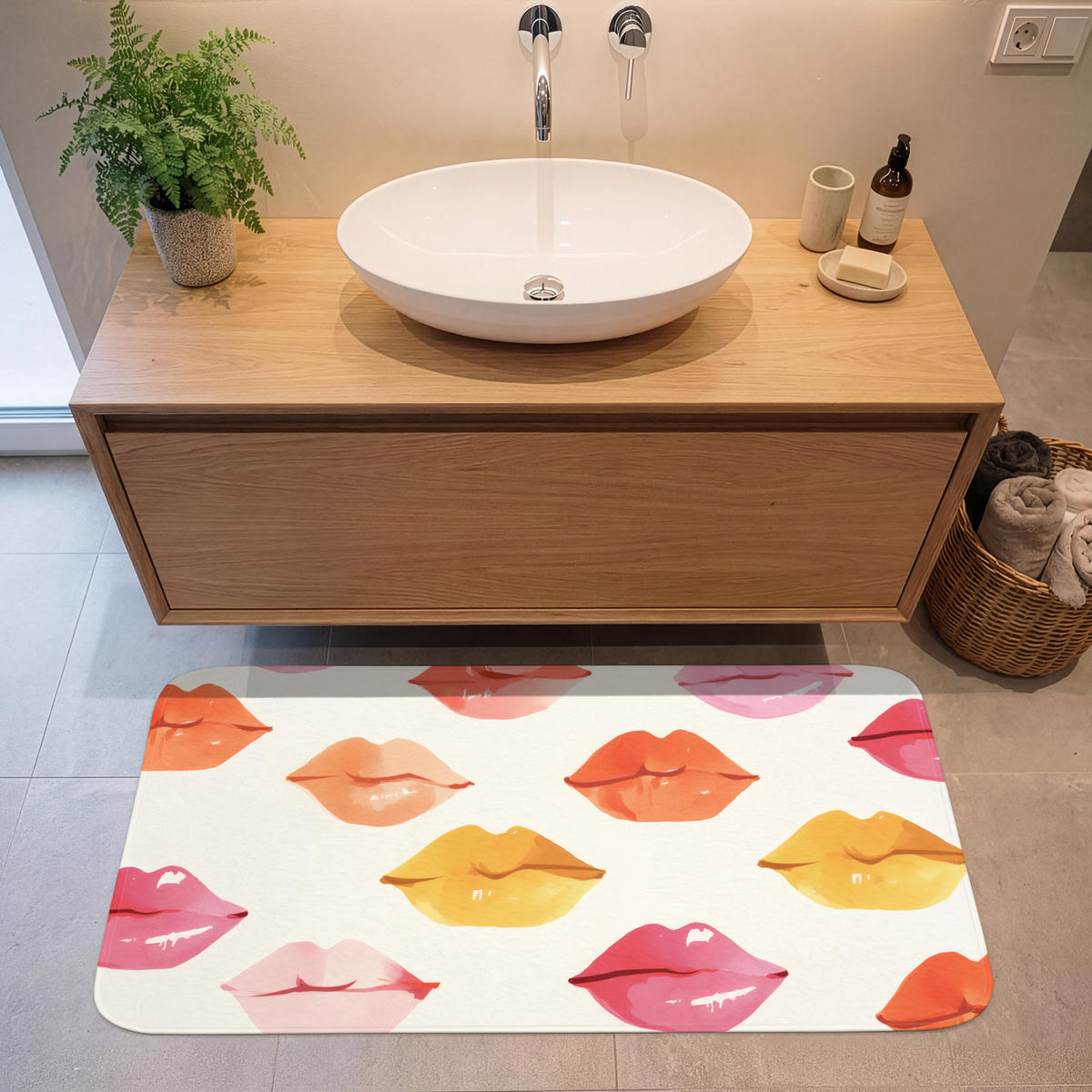 KOUPELNOVÁ PŘEDLOŽKA Rty - barevné - lesklé 120x60 cm - růžová, textil/plast (120/60cm) - OnlyWow