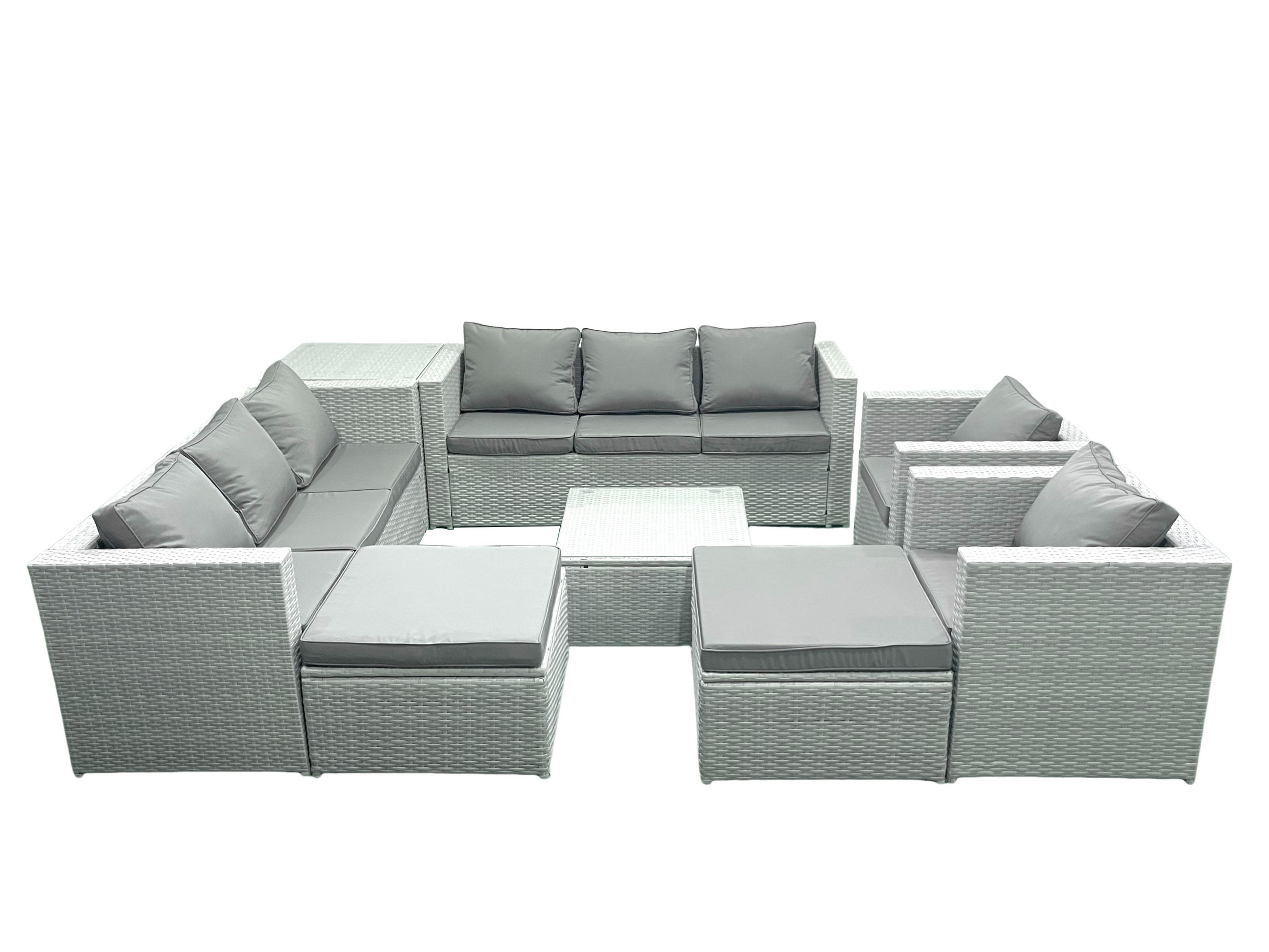 GARTENMÖBEL-SET mit Kissen Polyrattan Hellgrau-Mix 10-Sitzer - Hellgrau/Grau, Glas/Kunststoff - Fimous