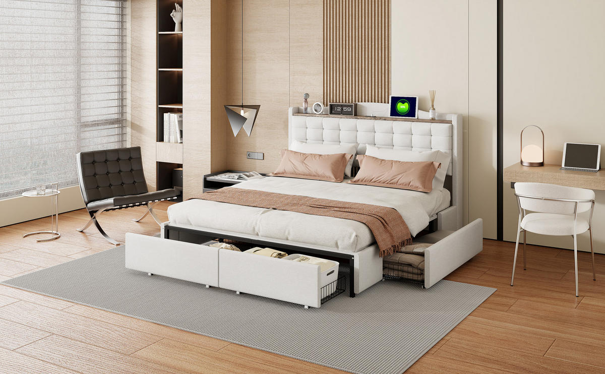 BETT beige 200/166/110 cm - Beige, Textil/Metall (160/200cm) - Urban Meuble