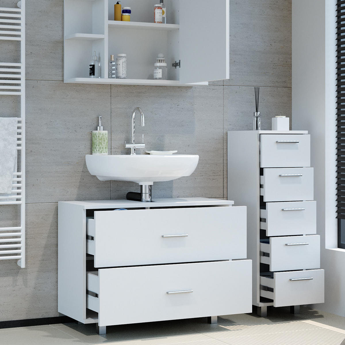 BADMÖBEL-SET Ilias Weiß 3 Teile, mit Unterschrank 80 cm - Weiß, Holzwerkstoff (80/60/33cm) - Vicco