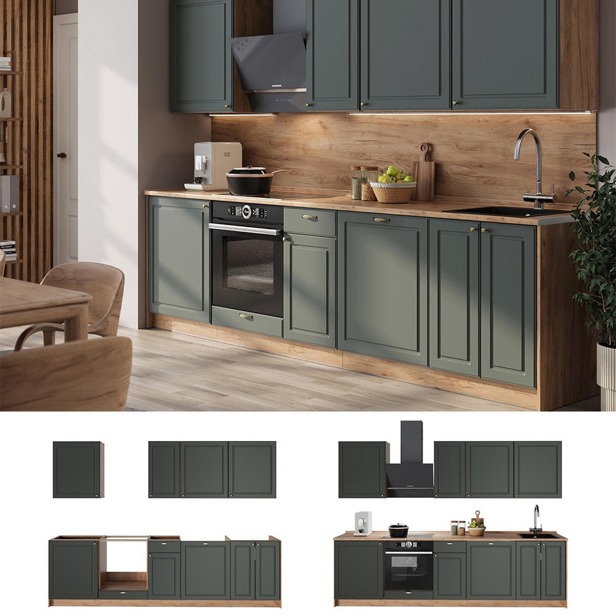 KÜCHENZEILE Fame-Line, Grün-Gold Landhaus/Goldkraft Eiche, 280 cm, AP Eiche - Honigeiche/Grün, Holzwerkstoff (280/206.8/60cm) - Vicco