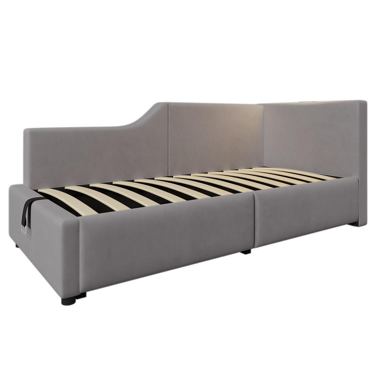 TAGESBETT 90x190cm Schlafsofa hydraulisch USB-C Leselicht Grau Samt - Grau, Holz - FLIEKS