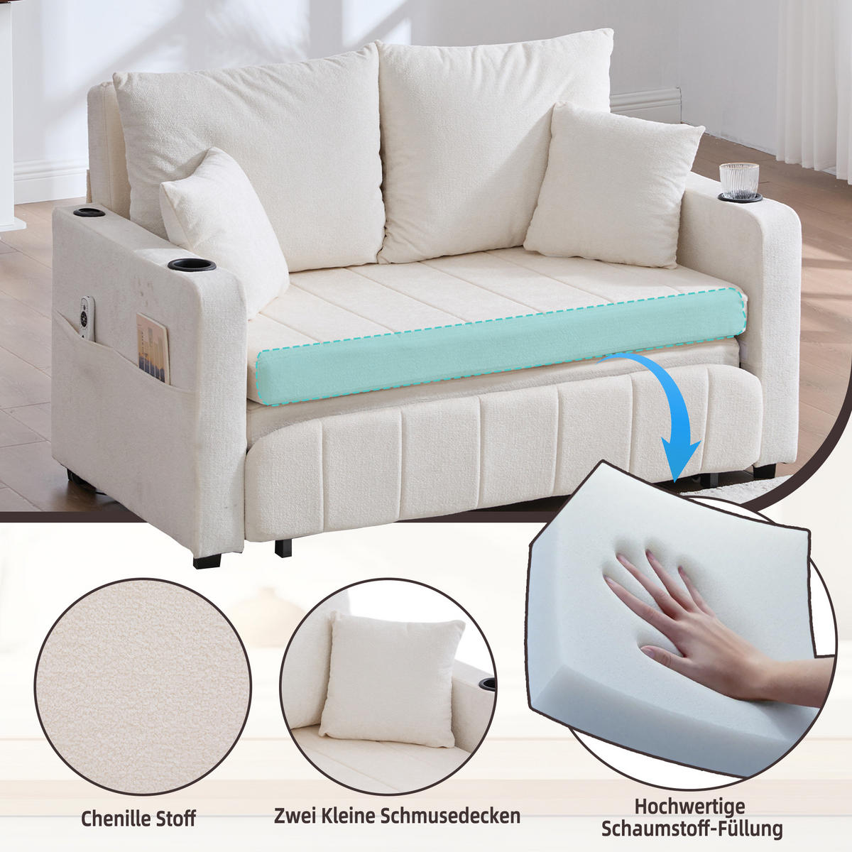 SCHLAFSOFA klappbar mit USB und Getränkehaltern, Beige - Beige, Textil (139/83/73cm)