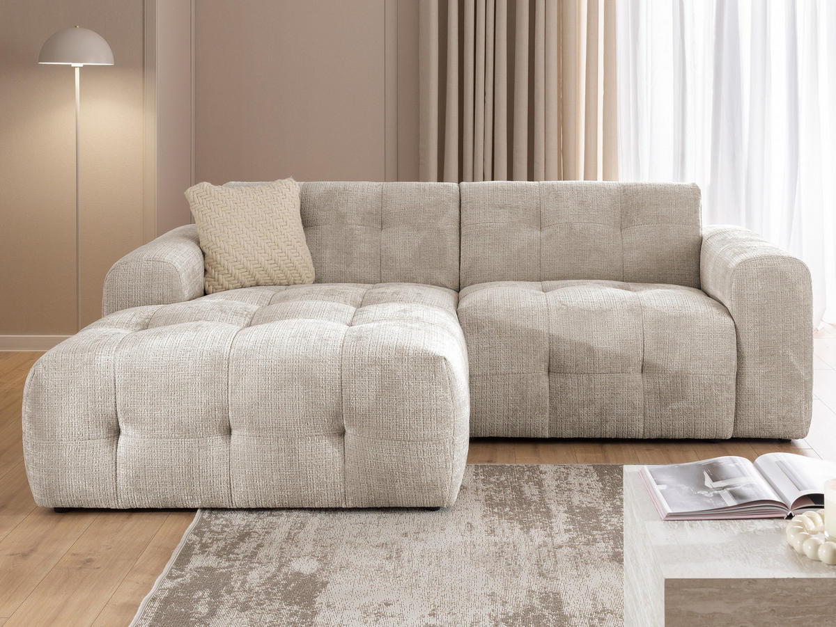 ECKSOFA Kozy im Bumpy-Design mit fester Rückenlehne aus weichem Dunkelbeige Chenille-Stoff - Ottomane links - Beige/Schwarz, Holz/Kunststoff (161/234cm) - S-Style Möbel