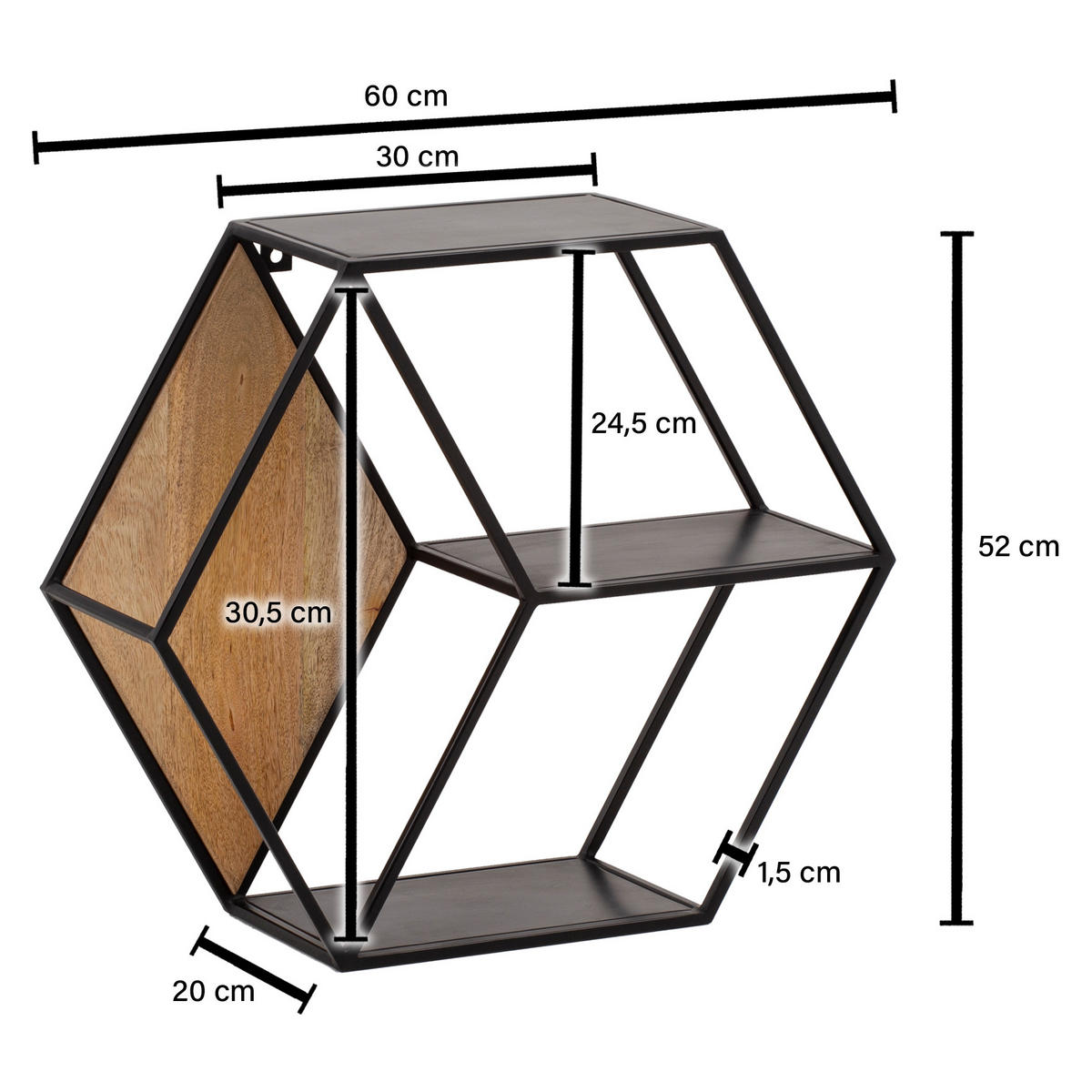 WANDREGAL Mango Massivholz Metall Industrial Stil 60x52x20 cm Sechseckig mit 3 Ablagen - Schwarz, Holz (60/52/20cm) - KADIMA DESIGN