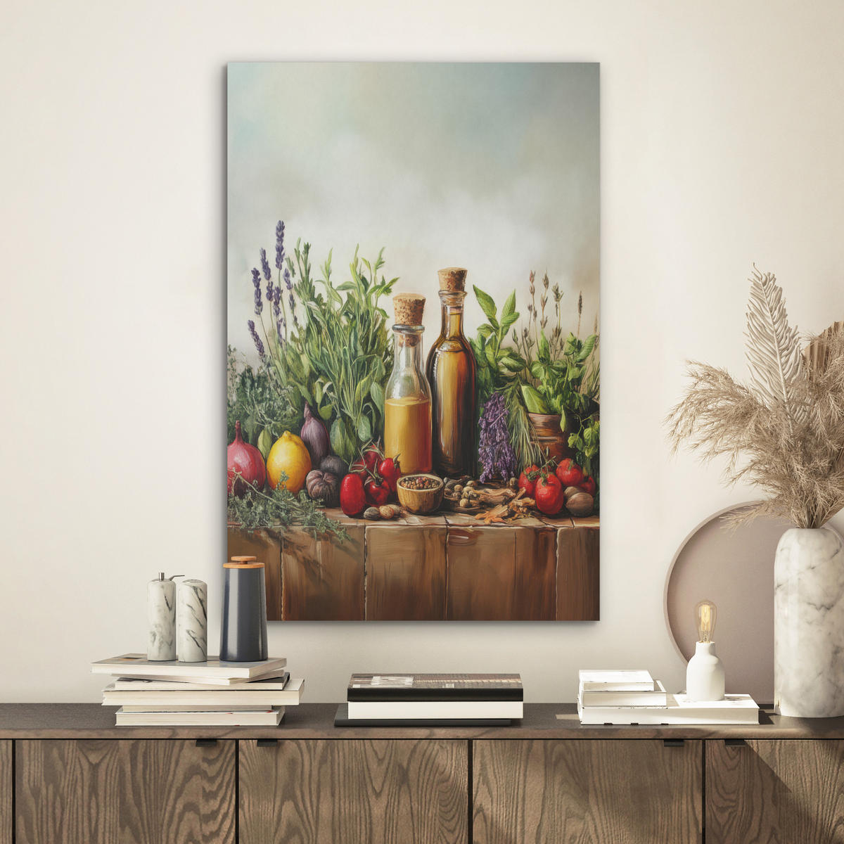 AKUSTIKBILD Stilleben - Kräuter - Gewürze - Früchte - Farbenfroh Kunstdruck Schlafzimmer 50x70 cm - Grün, Kunststoff (50/70/0.9cm) - MuchoWow