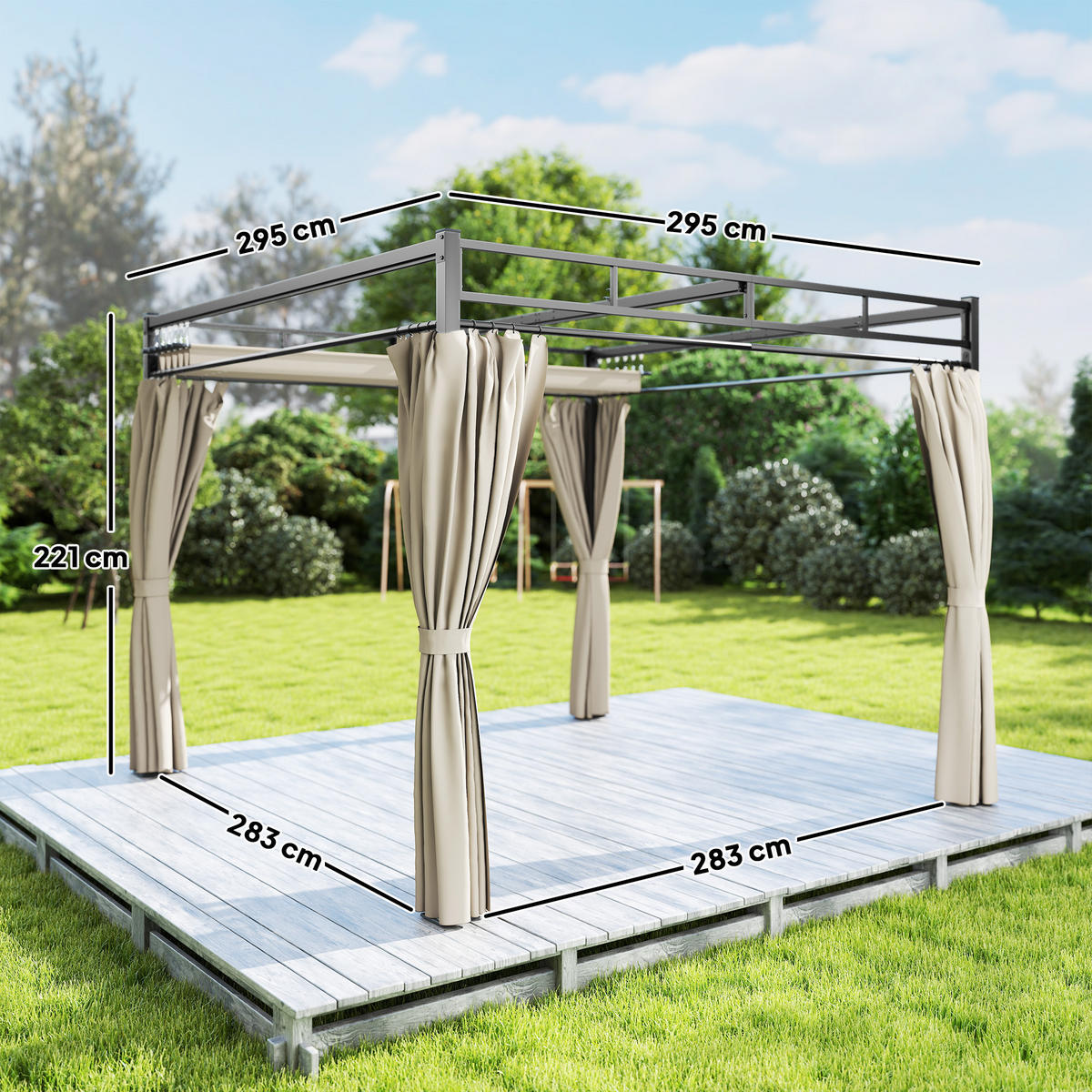 PERGOLA DE-12712 300/300 cm ausziehbar mit 4 Vorhängen UPF30+ Beige - Beige, Metall (295/221/295cm) - ComfortXL