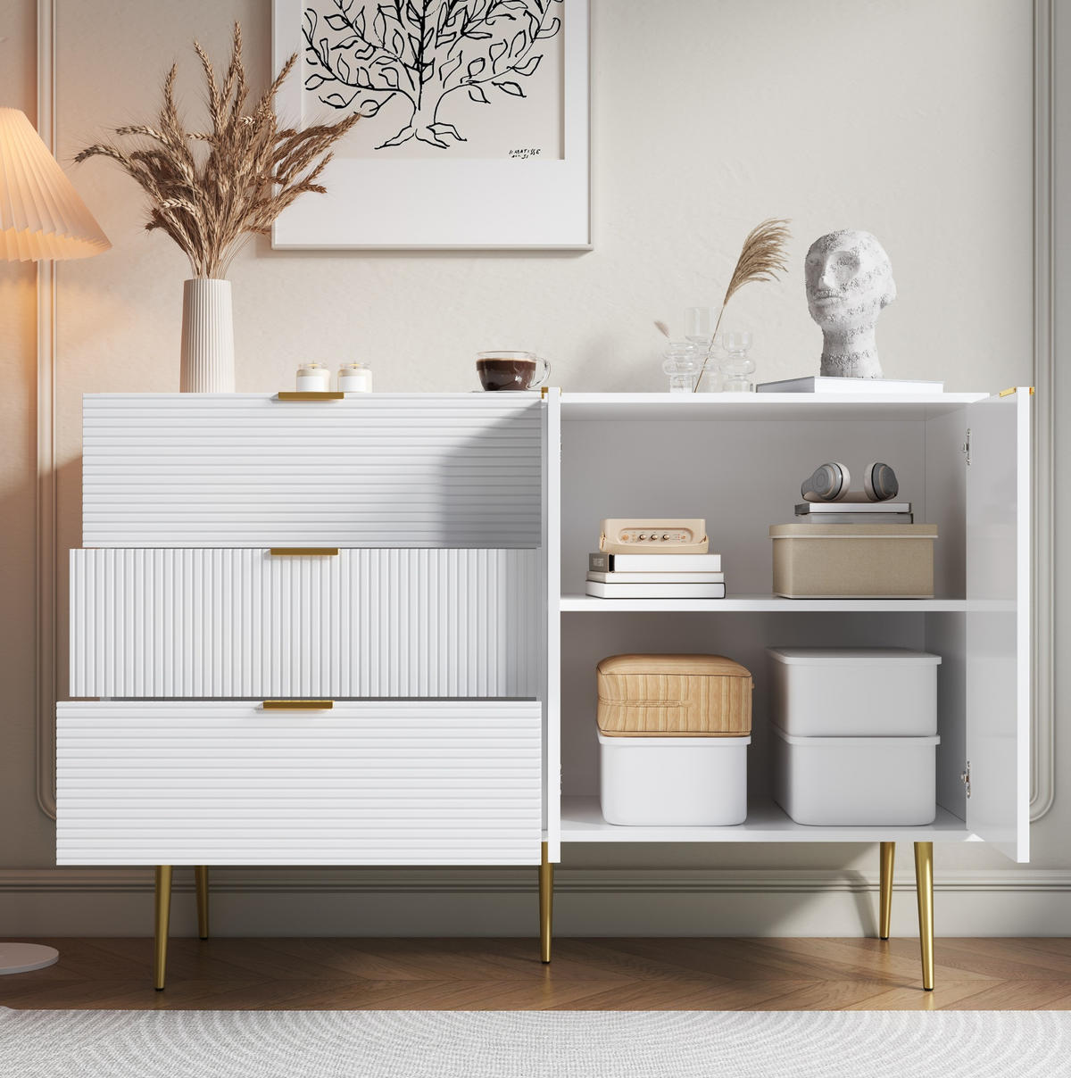 SIDEBOARD 120/38/80,5 cm mit 2 Türen, 3 Schubladen & goldfarbenen Details - Weiß, Holzwerkstoff (120/80.5/38cm) - BEAOK