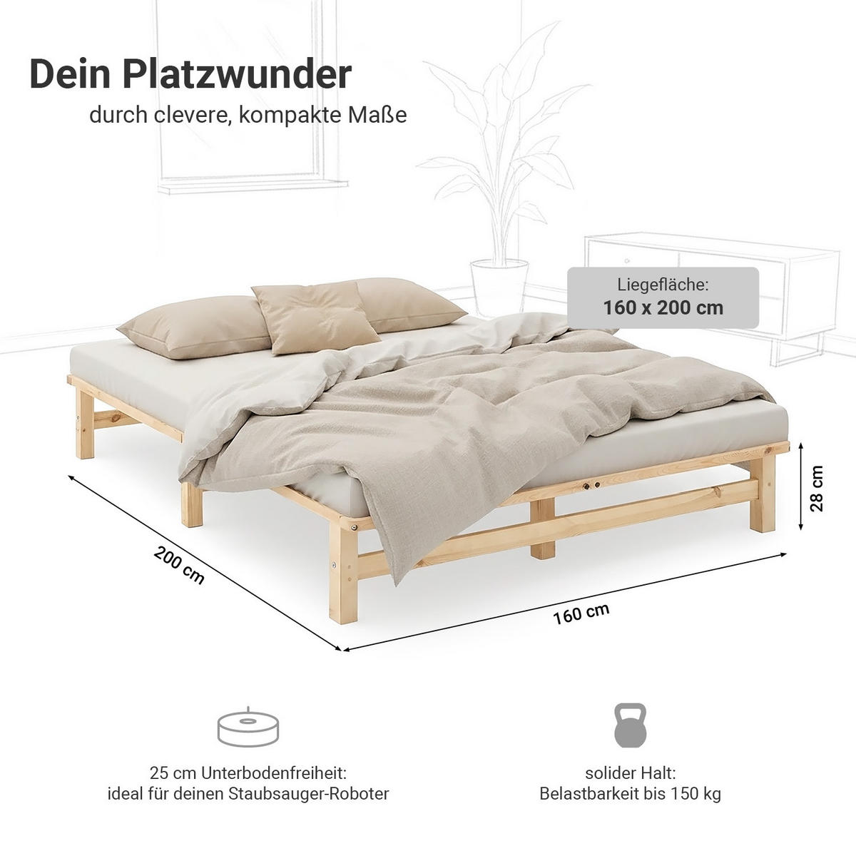 HOLZBETT mit Matratze 160/200 cm natur - Naturfarben, Holz (160/200cm) - Homestyle4u