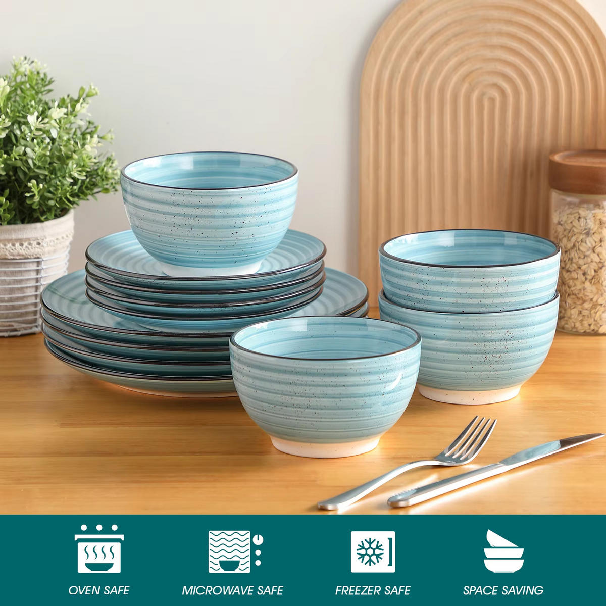 KOMBISERVICE 12-teilig, Blau, Teller- und Schüsselset für 4 Personen - Blau, Keramik (26.8/3/26.8cm) - Kaket