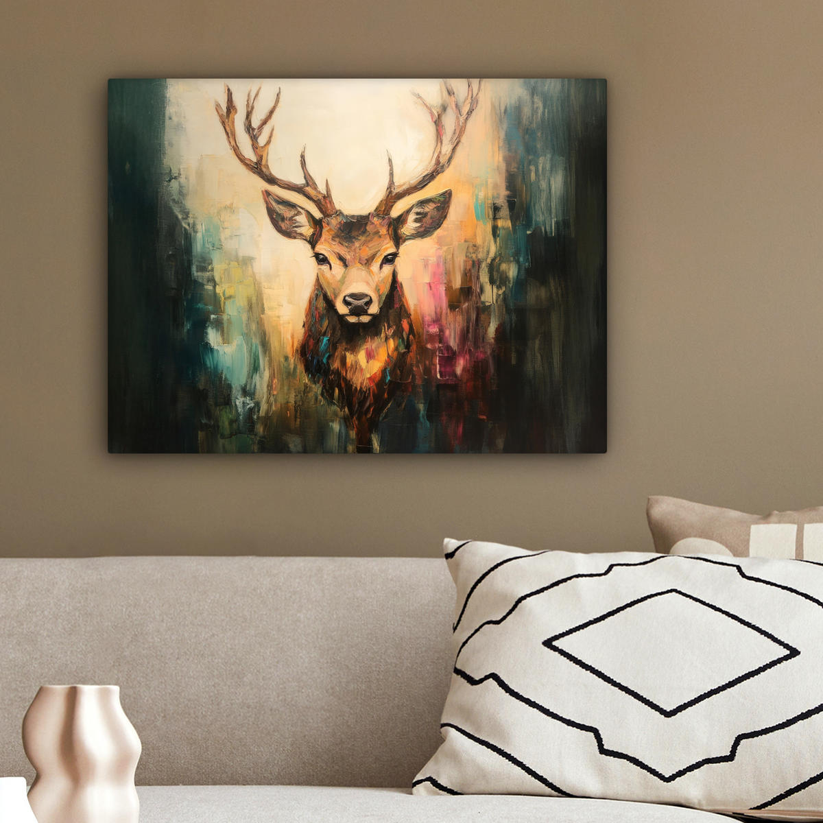 LEINWANDBILD Hirsch - Gemalt - Geweih - Braun 40x30 cm - Haselnussfarben, Textil (40/30cm) - MuchoWow