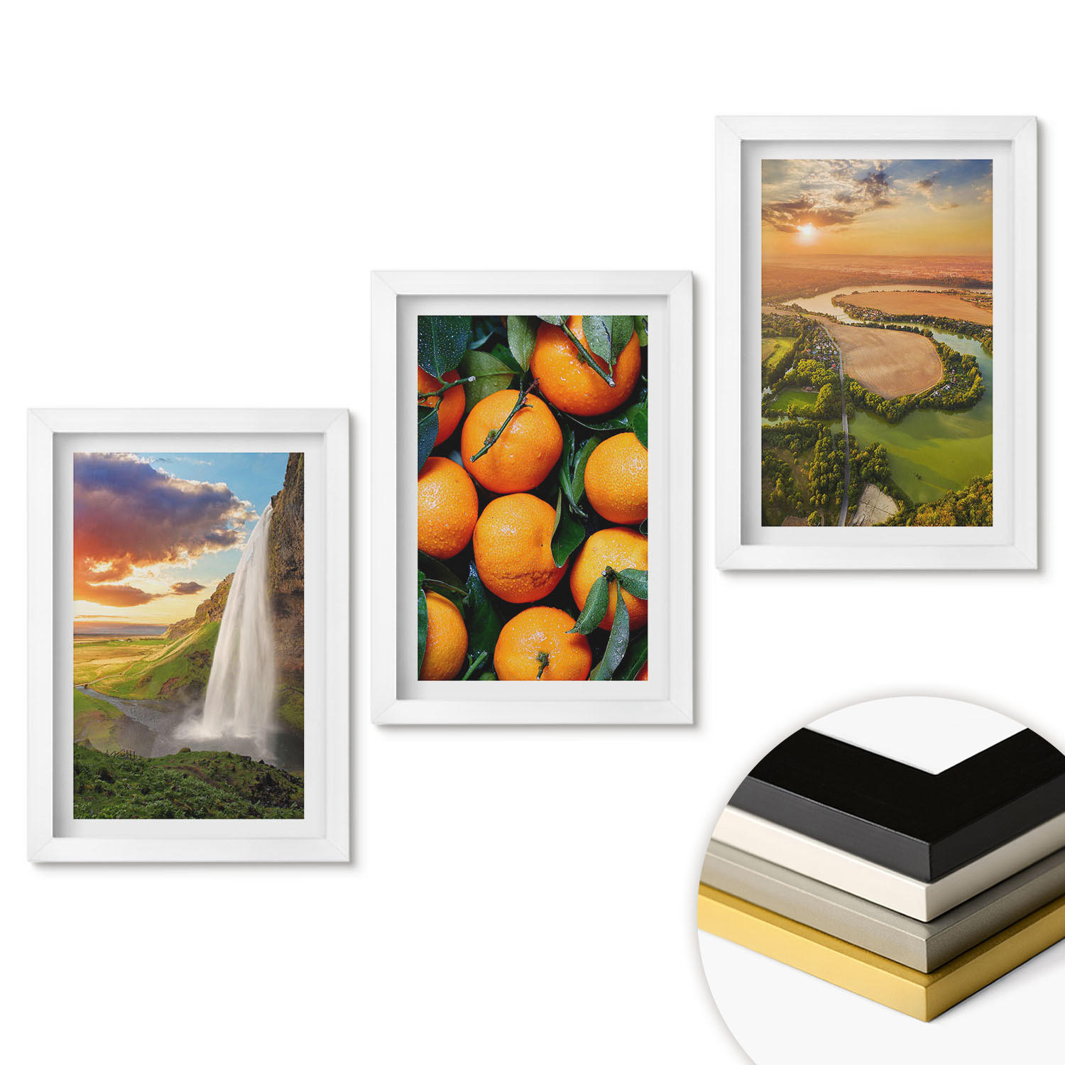 WANDBILDER 3er-Set - 20x30 cm Weißer Rahmen - Orange Mountain Wasserfall - Weiß, Kunststoff (20/30cm) - ArtPrintCave
