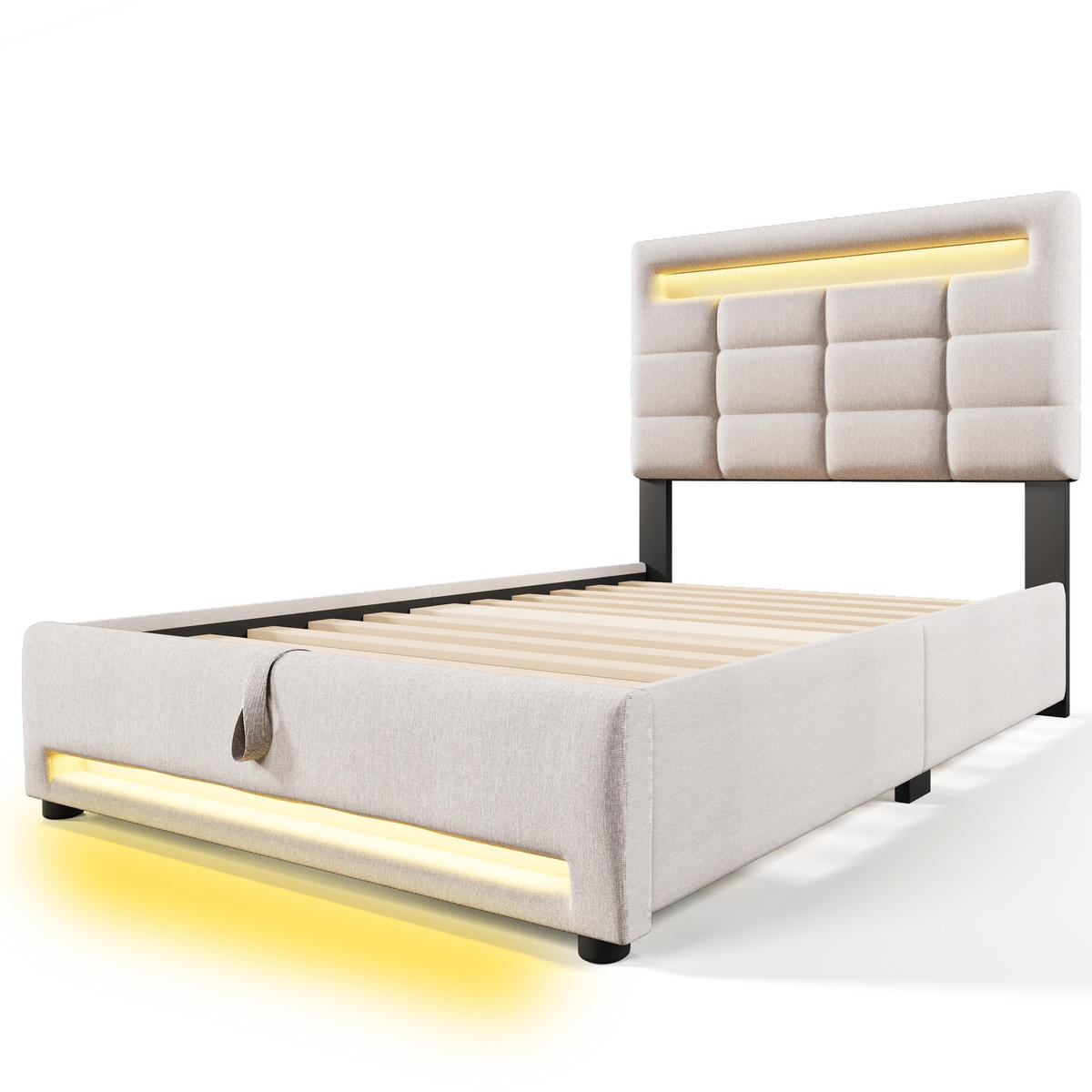 POLSTERBETT 90/200 cm in Beige mit Bettkasten, LED und USB Leinen mit Quadratischem Kopfteil - Beige, Holzwerkstoff/Textil (90/200cm) - STILVORA