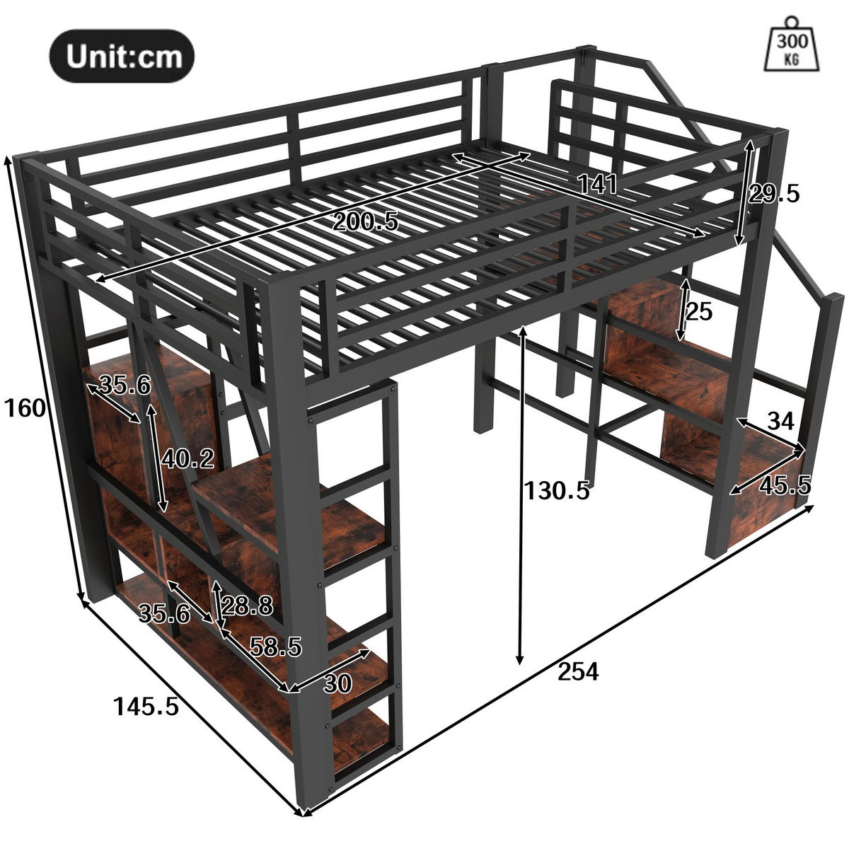 HOCHBETT 140/200 cm in Schwarz – mit Stauraumtreppe, Rausfallschutz und LED - Schwarz, Holzwerkstoff (140/200cm) - BEAOK