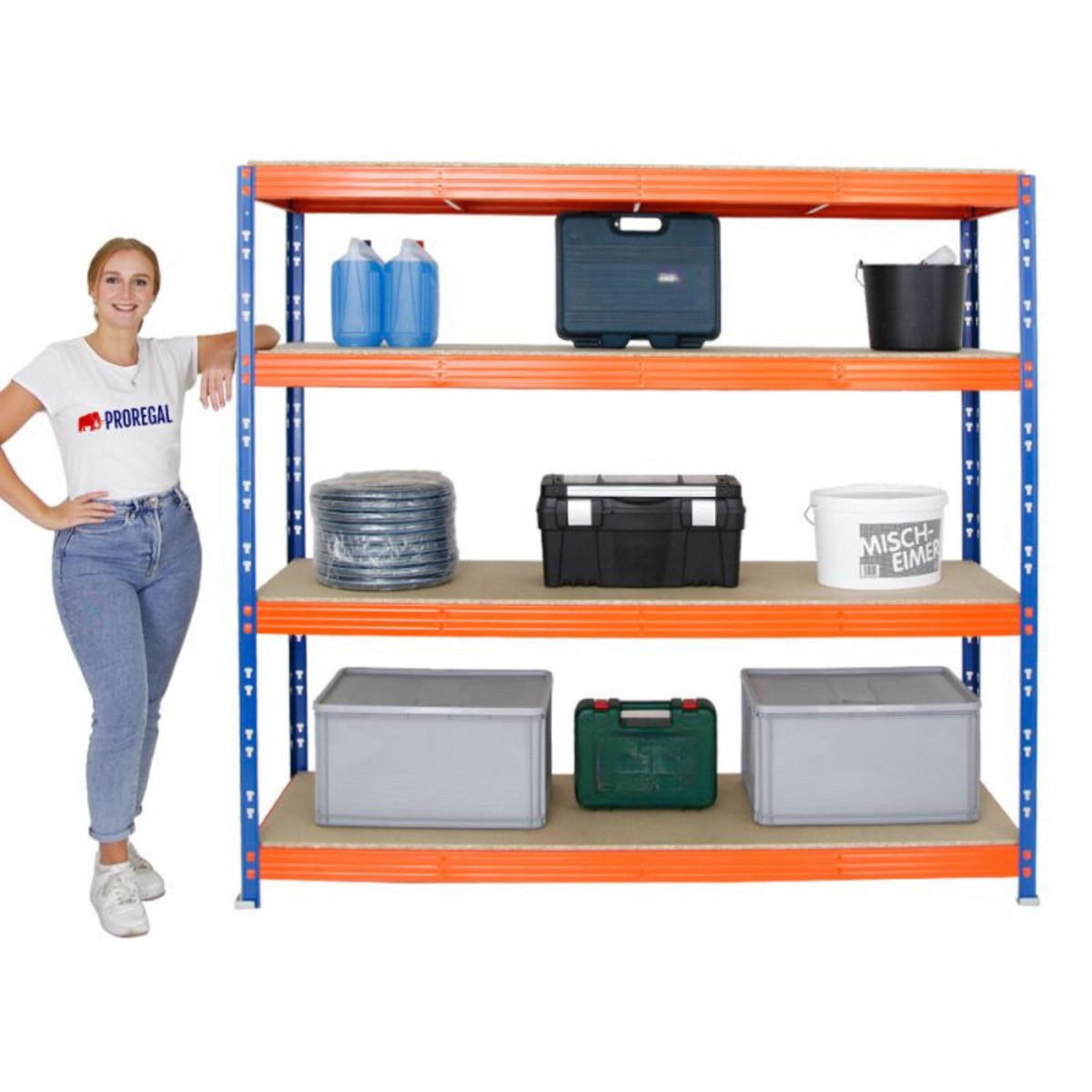 SCHWERLASTREGAL Rhino 2er-Set mit 2x 180x200x60 cm 4 Spanplatten-Ebenen 8mm Fachlast 500 kg Blau-Orange - Orange, Metall (400/180/60cm) - PROREGAL