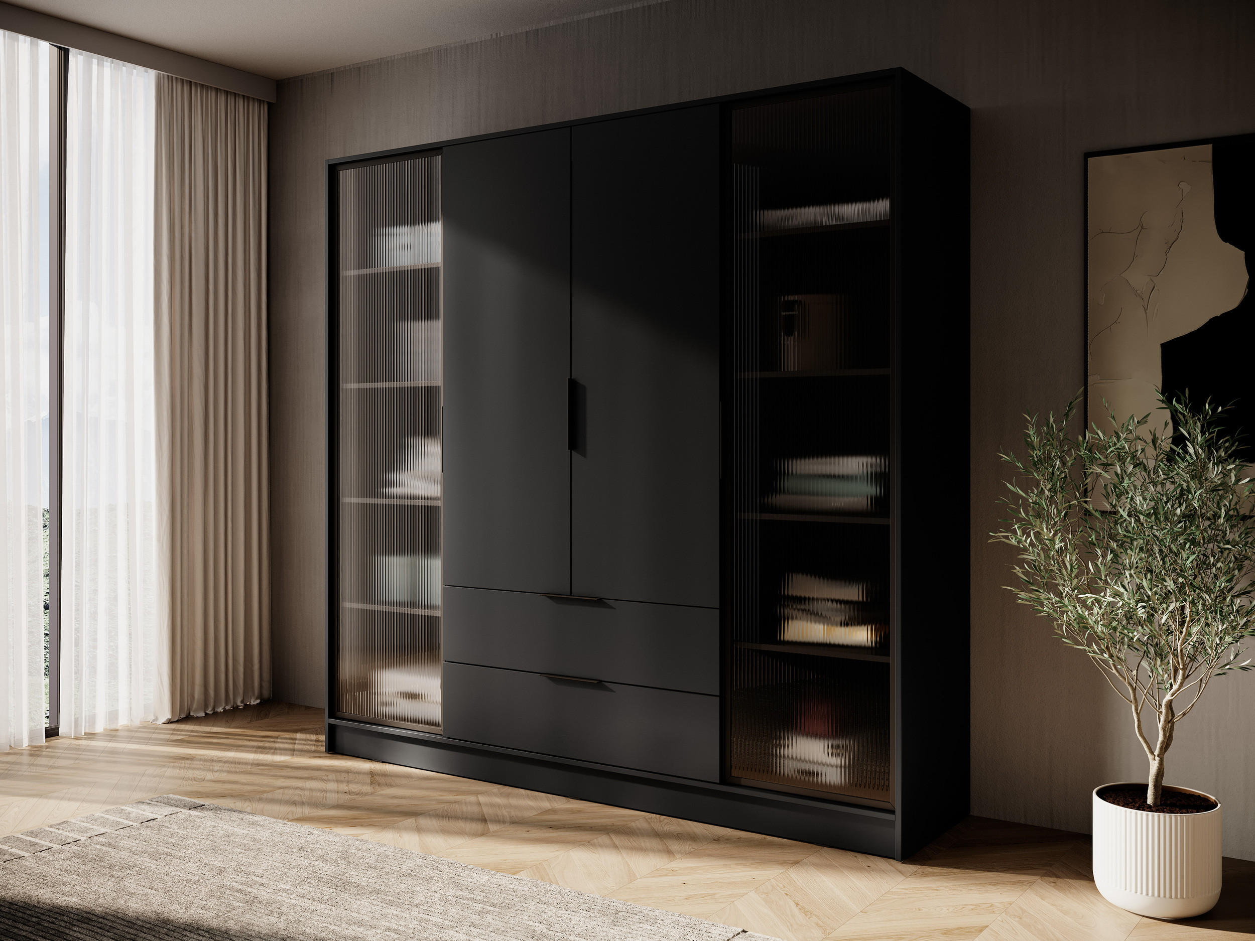 DREHTÜRENSCHRANK - Sevia Schwarz – mit Vitrinen an den Seiten - Schwarz, Holzwerkstoff (206/200/51cm) - Möblo