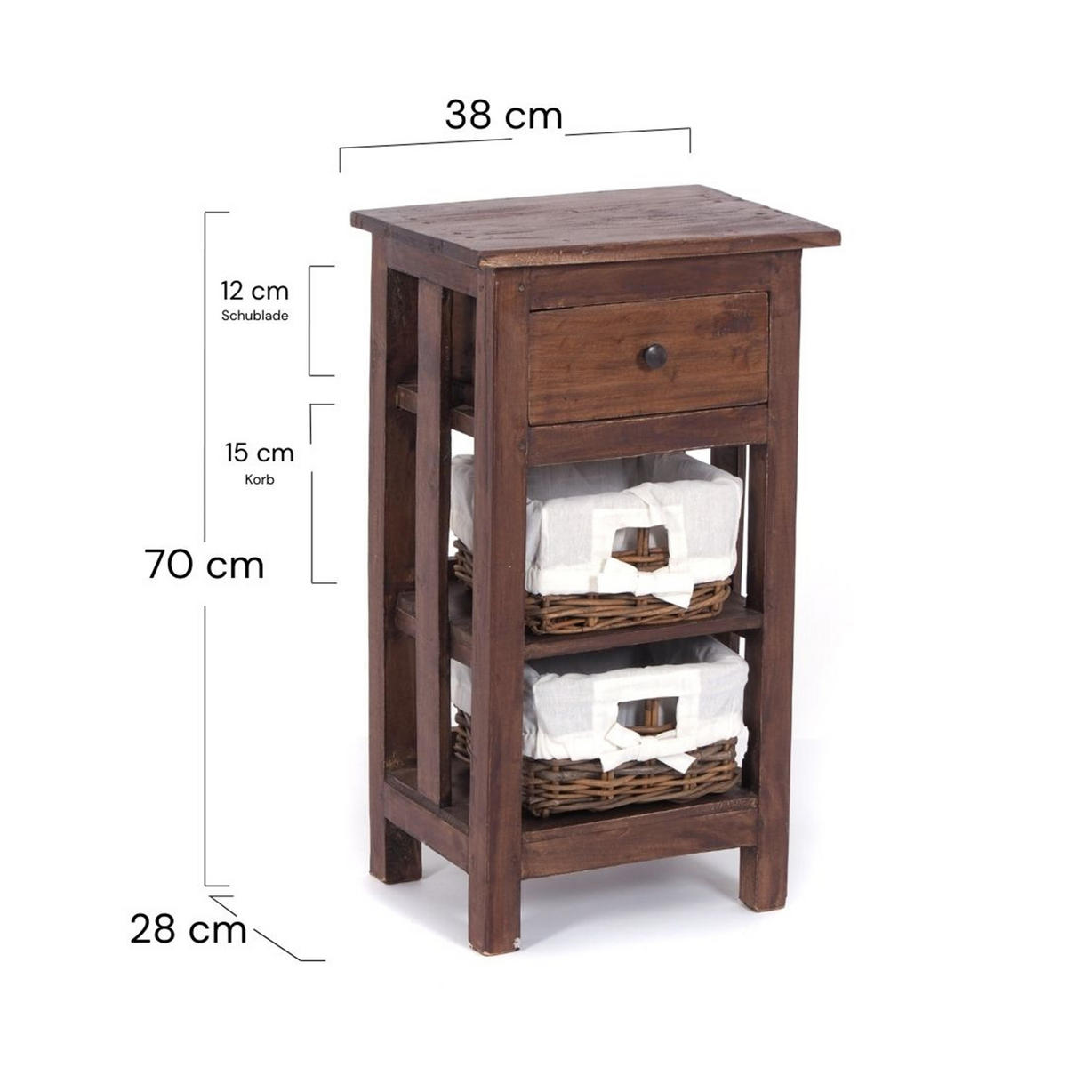 TELEFONTISCH RATTAN 70 mit 2 Rattan-Körben und Schublade, Mahagoni massiv 02 hellbraun - Hellbraun, Holz (28/38/70cm) - DESIGN DELIGHTS