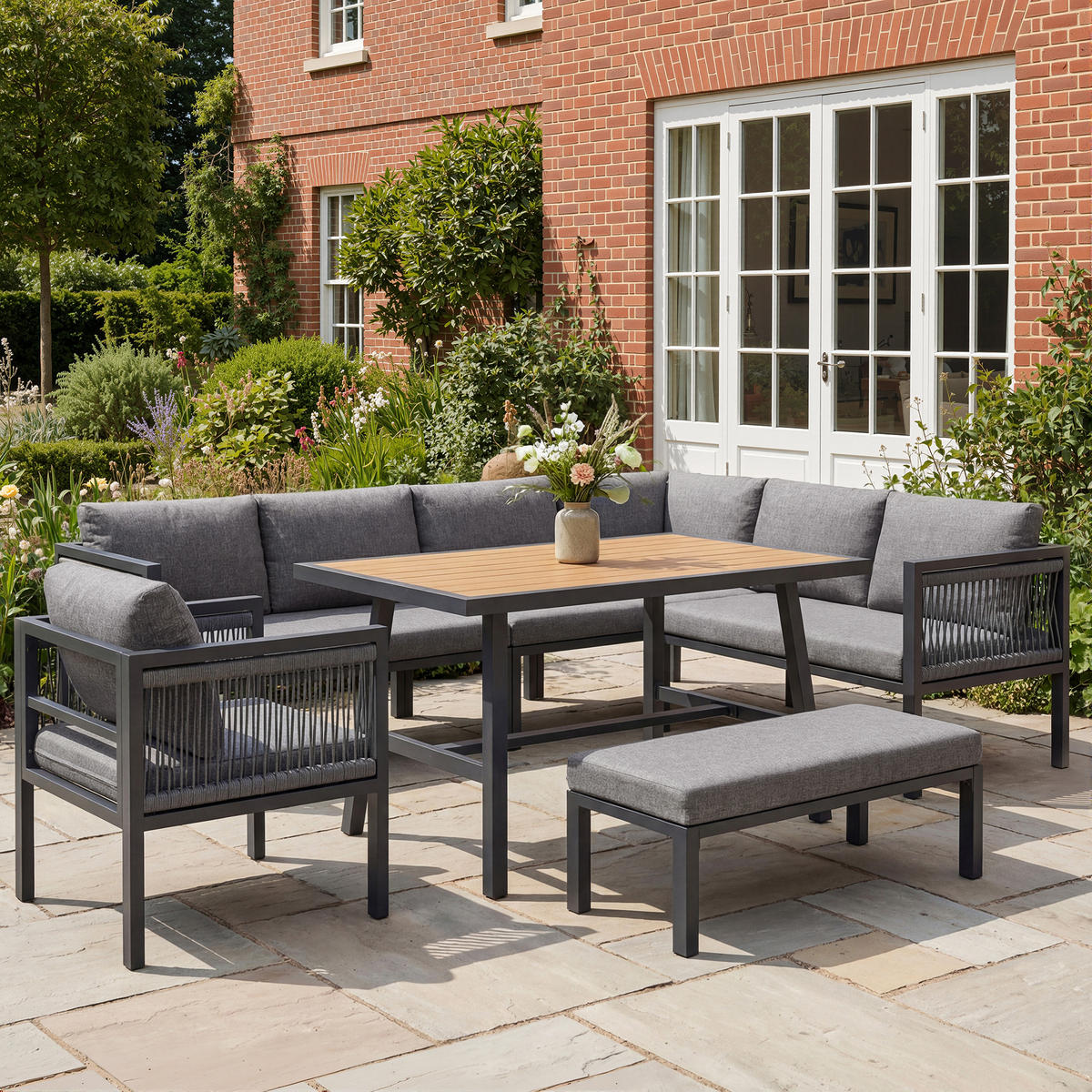 GARTENLOUNGE-SET für 8 Personen 6-teiliges Garten-Essgruppe für Balkon & Terrasse - Schwarz/Naturfarben, Textil/Metall - STILVORA