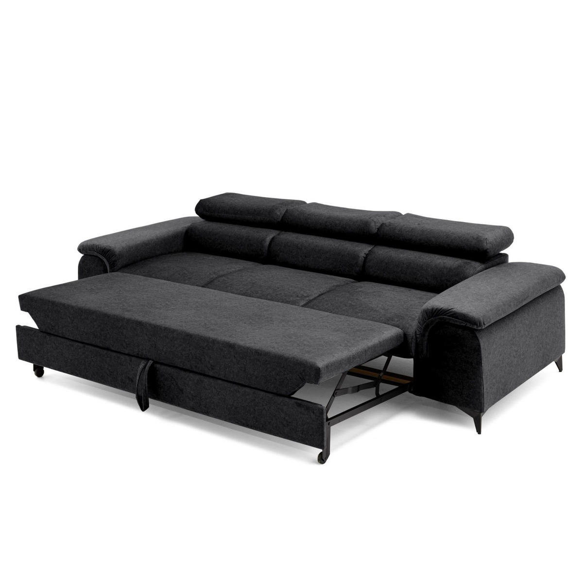 3-SITZER Sofa PLAZA mit Schlaffunktion 127x195 Velours Dunkelgrau - Dunkelgrau/Schwarz, Holz/Textil (260/90/100cm) - Muffo