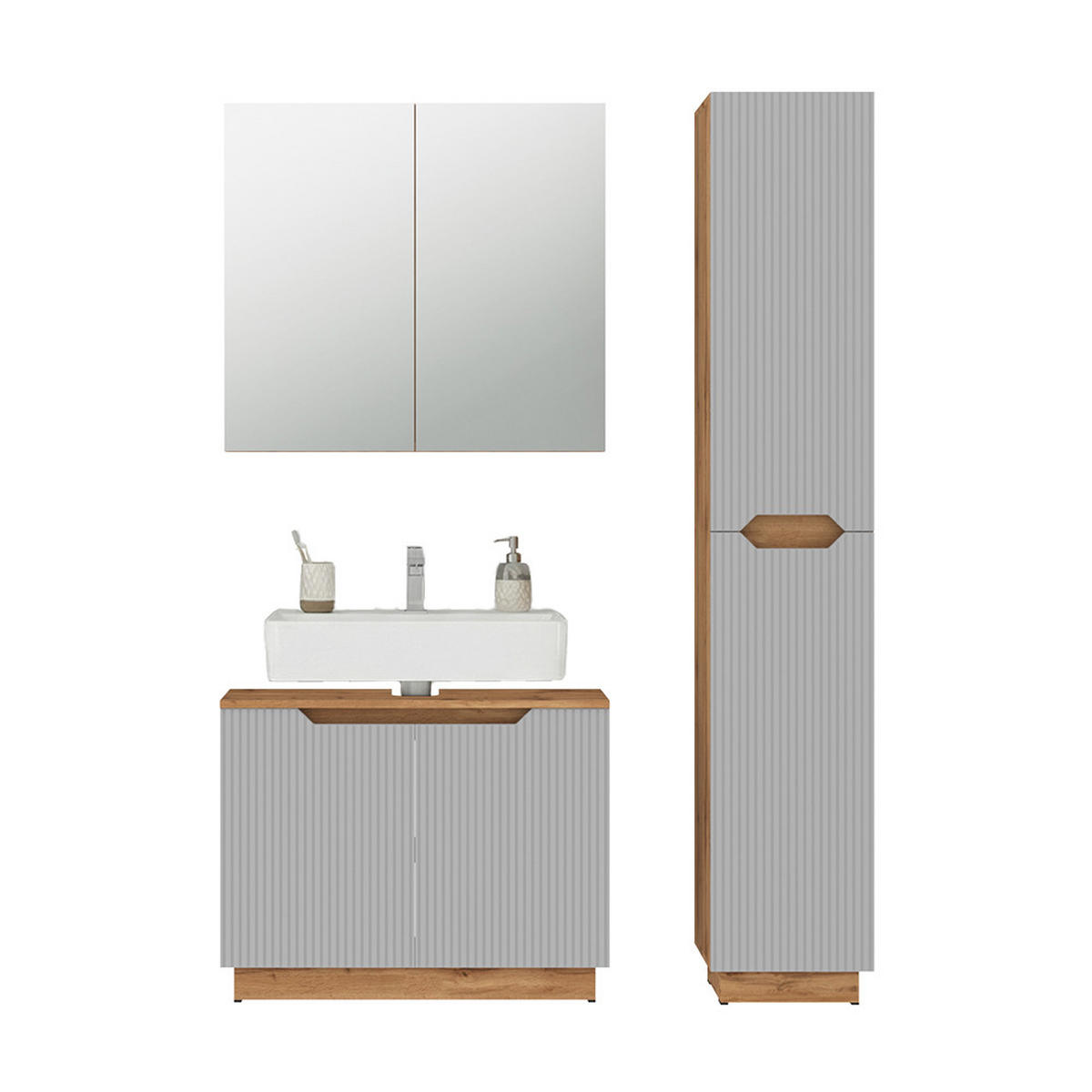 BADMÖBEL-SET Lotta Eiche/grau gestreift 3 Teile - Eichefarben/Grau, Holzwerkstoff (79.6/62.5/32cm) - Vicco