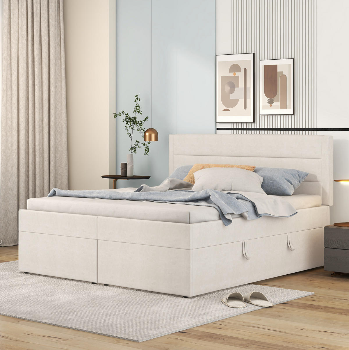 POLSTERBETT mit Bettkasten 140x200 cm Beige - Beige, Holz (140/200cm) - Meubliv
