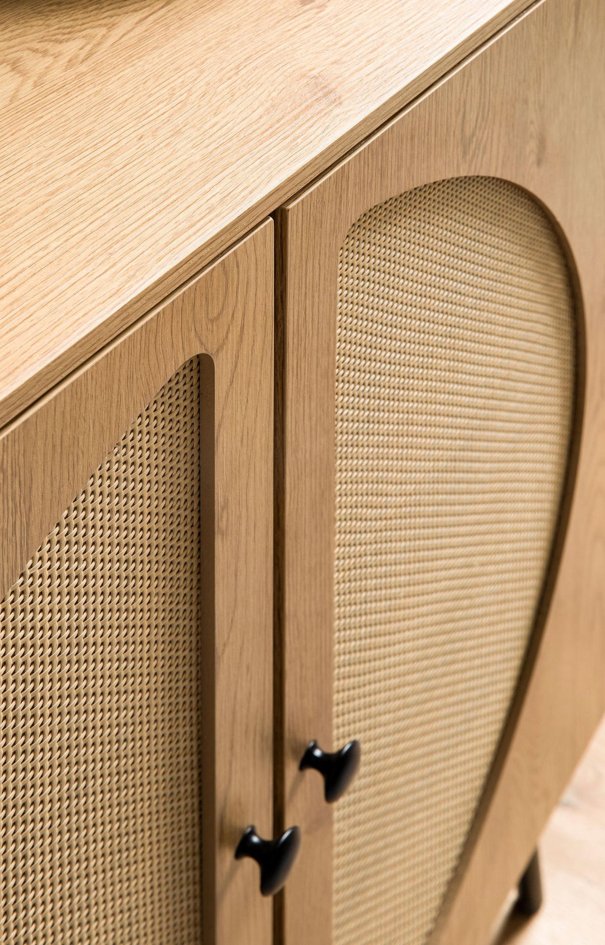 SIDEBOARD – Eiche-Dekor/Rattan, 80x103x39 cm, 2 Türen, hoch - Schwarz/Braun, Holzwerkstoff/Metall (80/103/39cm) - KADIMA DESIGN