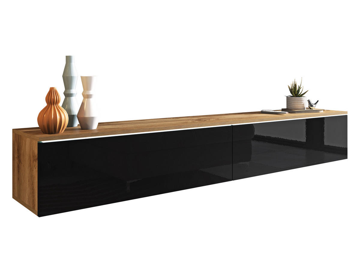 TV-LOWBOARD D180 mit weißer LED Beleuchtung - Schwarz Hochglanz/Silberfarben, Holzwerkstoff/Kunststoff (180/30/33cm) - MIRJAN24