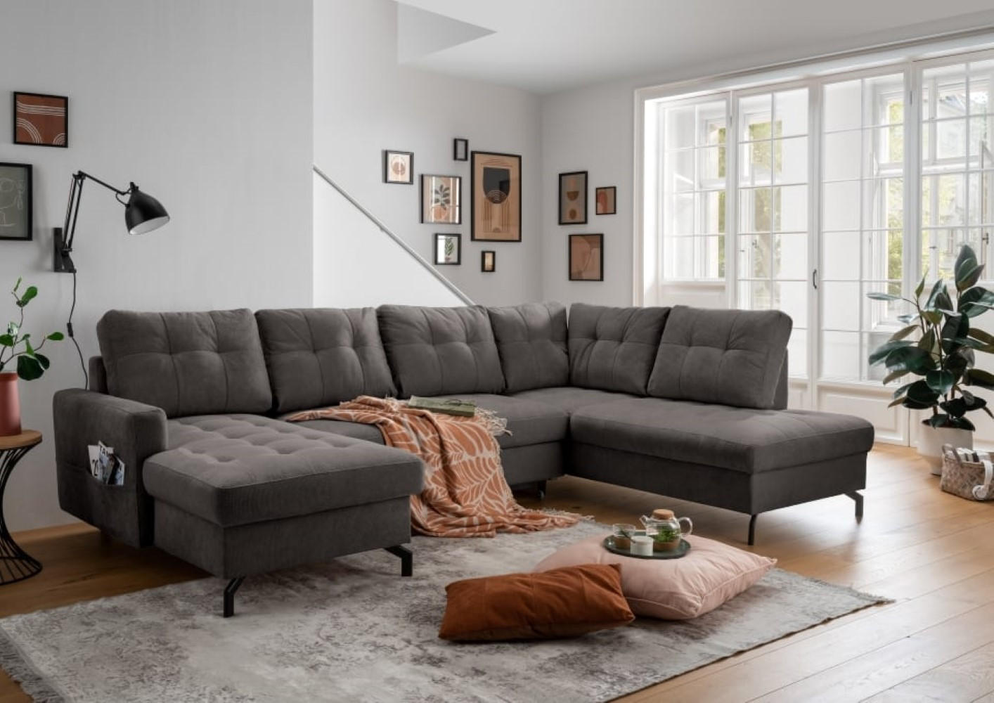 WOHNLANDSCHAFT mit Schlaffunktion und Bettkasten - Anthrazit/Schwarz, Textil/Metall (200/92/305cm) - myHomelando