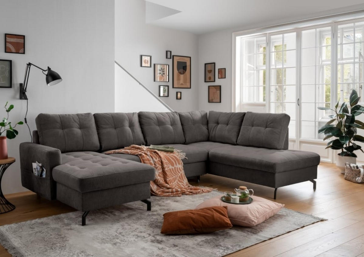 WOHNLANDSCHAFT mit Schlaffunktion und Bettkasten - Anthrazit/Schwarz, Textil/Metall (200/92/305cm) - myHomelando