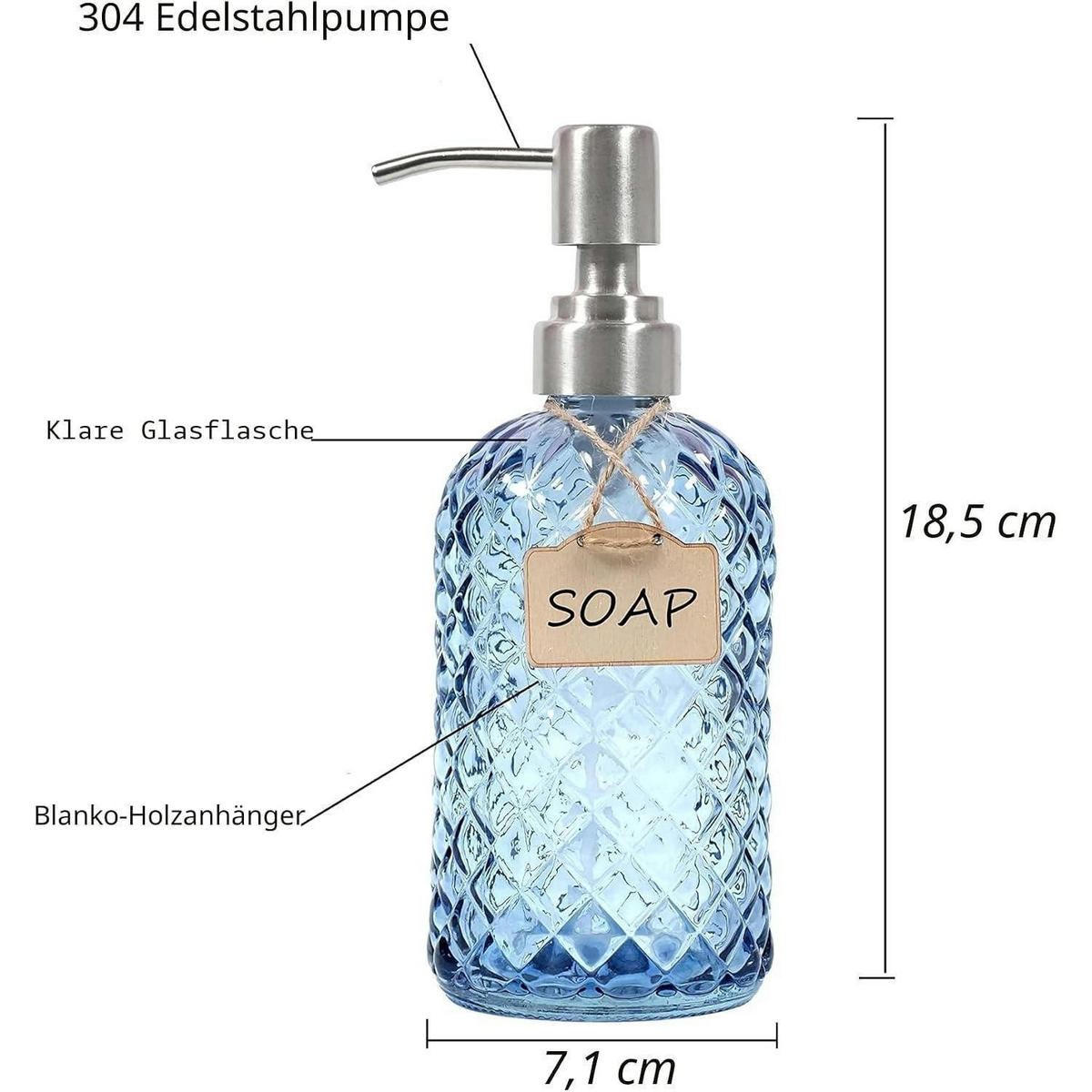 SEIFENSPENDER 2-teiliges Set Glas Blau mit Edelstahlpumpe - Blau, Glas (6.9/19.3/6.9cm)