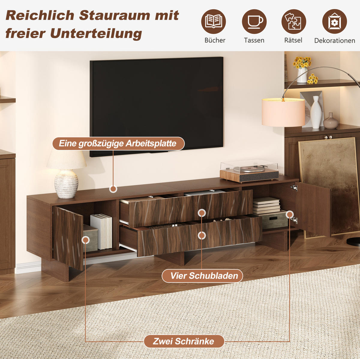 TV stolík 180/40/56 cm tmavý orech z drevotriesky s vlnitým dizajnom, 4 zásuvkami a 2 dvierkami - hnedá, kompozitné drevo (180/56/40cm) - OKWISH